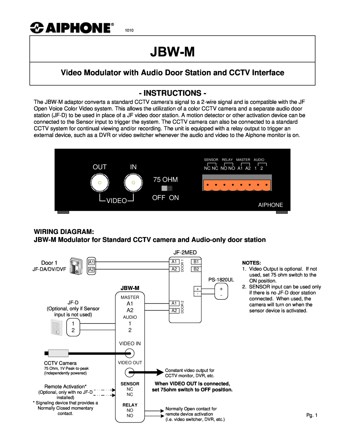 Aiphone manual Wiring Diagram, JBW-M Modulator for Standard CCTV camera and Audio-only door station, Jbw-M, 75 OHM 
