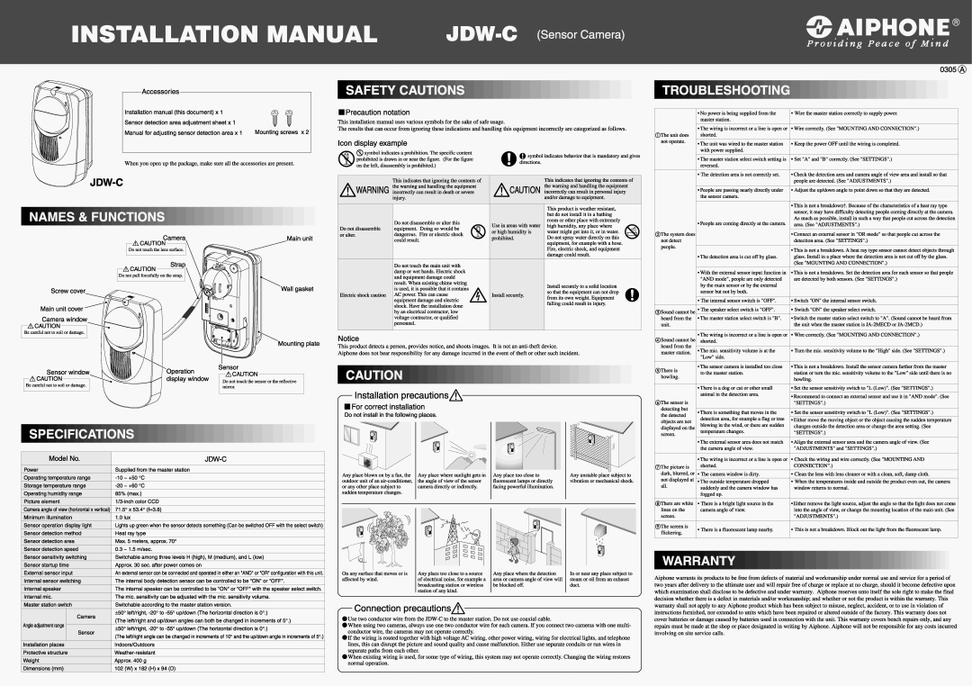 Aiphone JDW-C installation manual Installation precautionsA, ConnectionprecautionsA, Wall gasket, Sensor, Operation, Jdw-C 