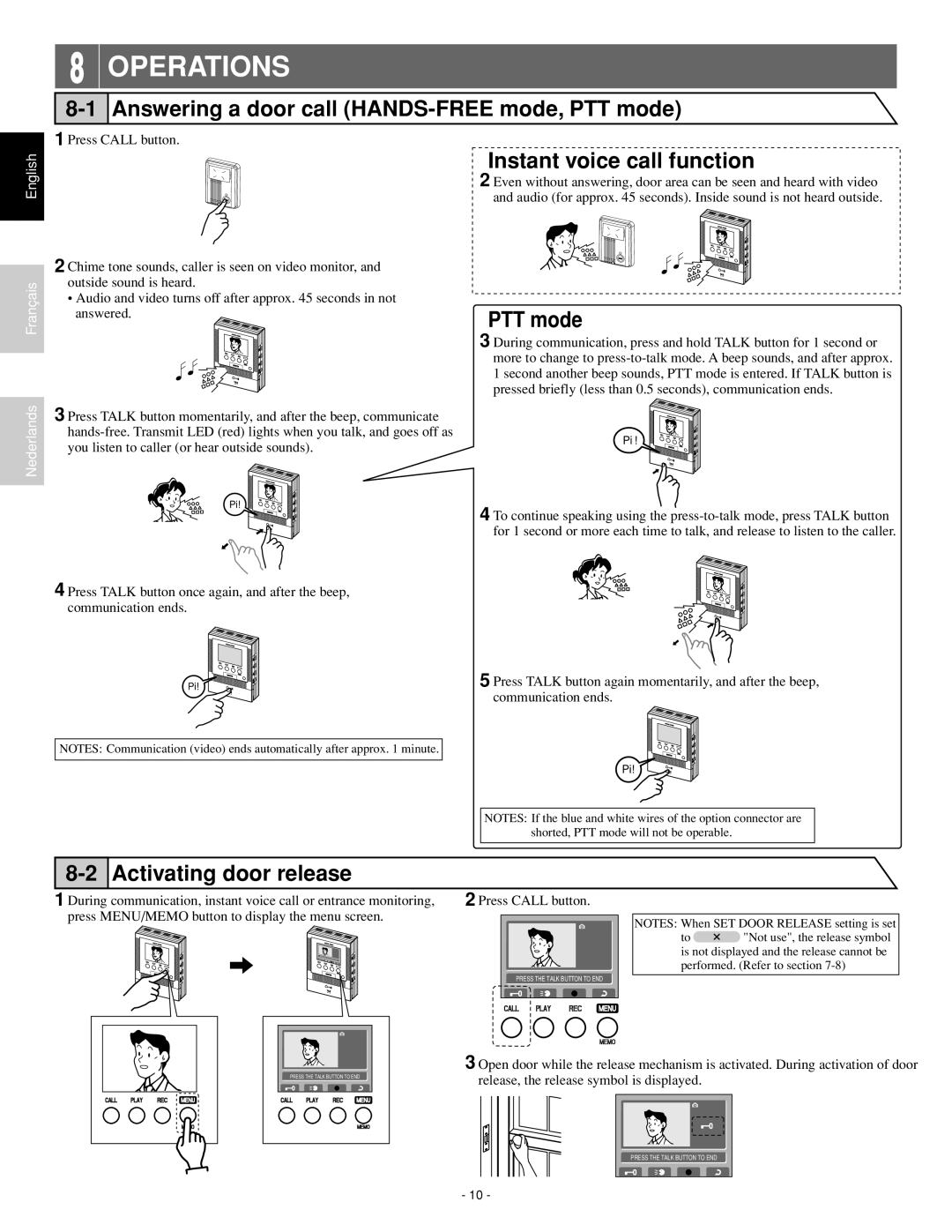 Aiphone JF-2MED, JF-2HD Operations, Answering a door call HANDS-FREE mode, PTT mode, Instant voice call function 