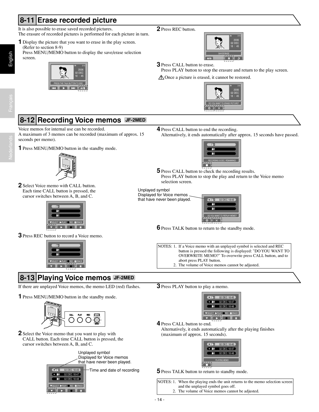 Aiphone JF-2HD operation manual Erase recorded picture, Recording Voice memos JF-2MED, Playing Voice memos JF-2MED 