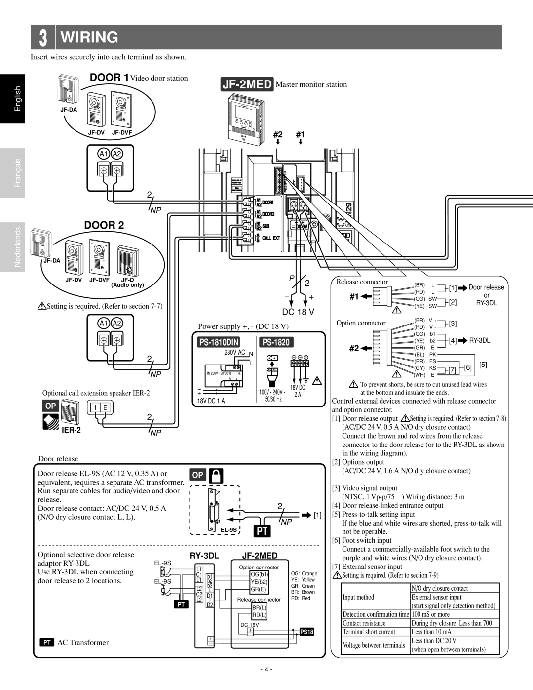 Aiphone JF-2MED, JF-2HD operation manual Wiring, Door 