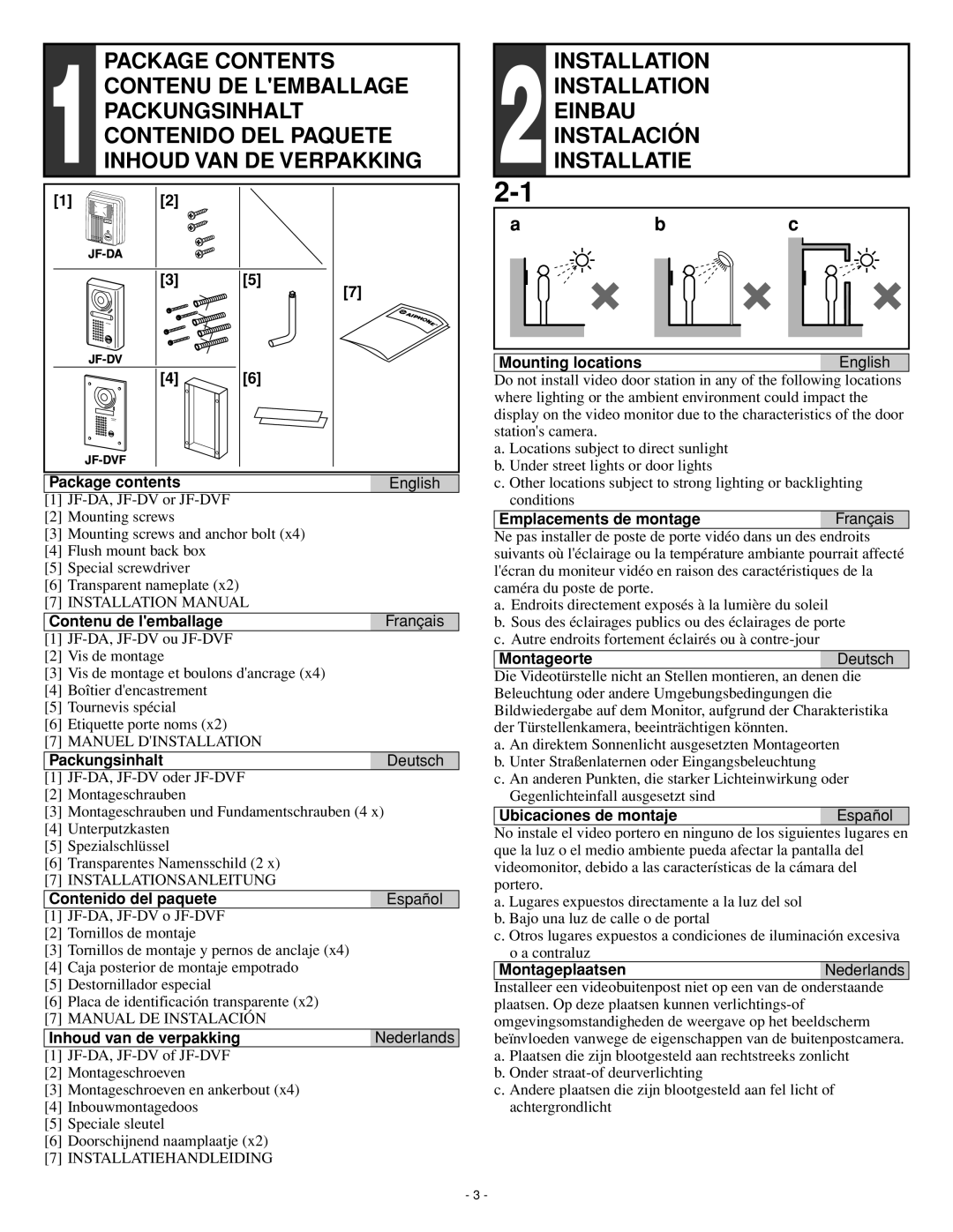 Aiphone JF-DVF, JF-DA installation manual Package Contents, Installation 2INSTALLATION Einbau Instalación Installatie 