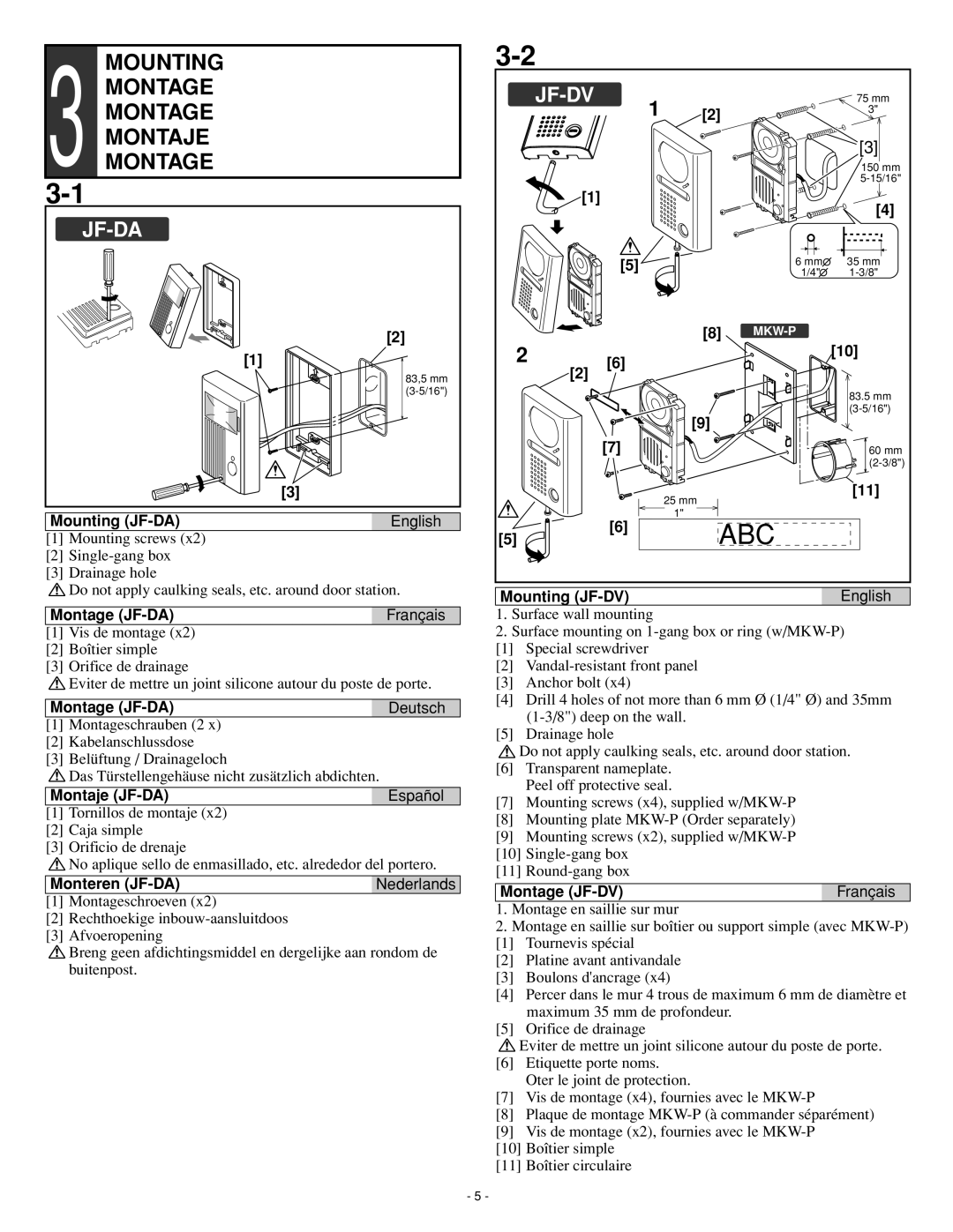 Aiphone JF-DA, JF-DVF installation manual Mounting 