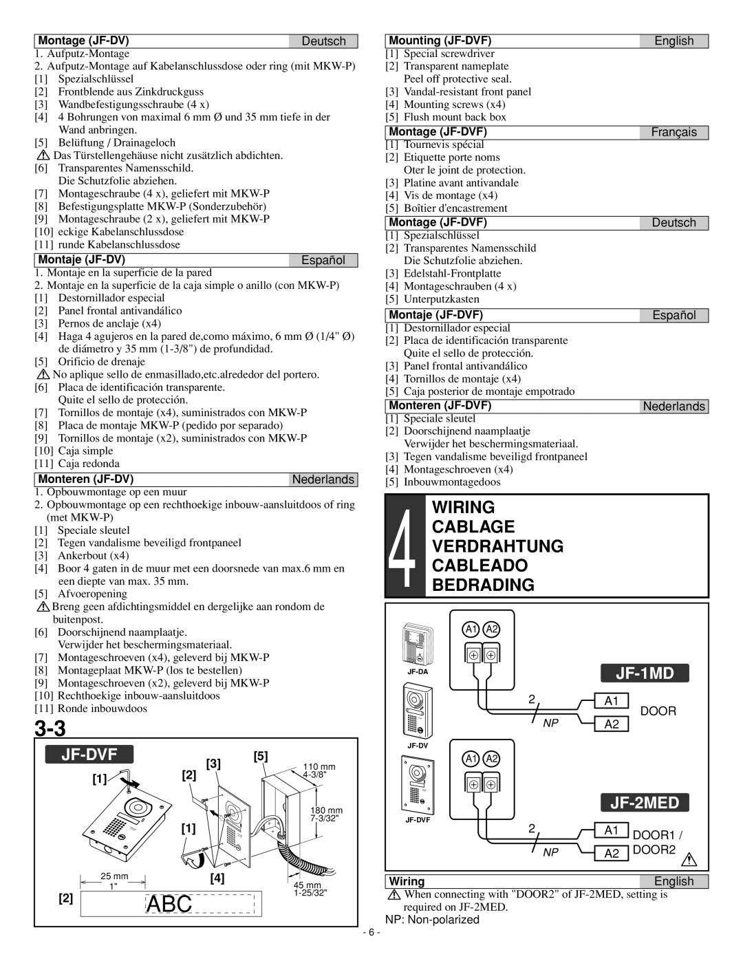 Aiphone JF-DVF, JF-DA installation manual Wiring 4CABLAGE Verdrahtung Cableado Bedrading 