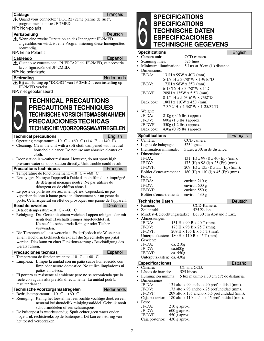 Aiphone JF-DVF, JF-DA installation manual Technical Precautions 