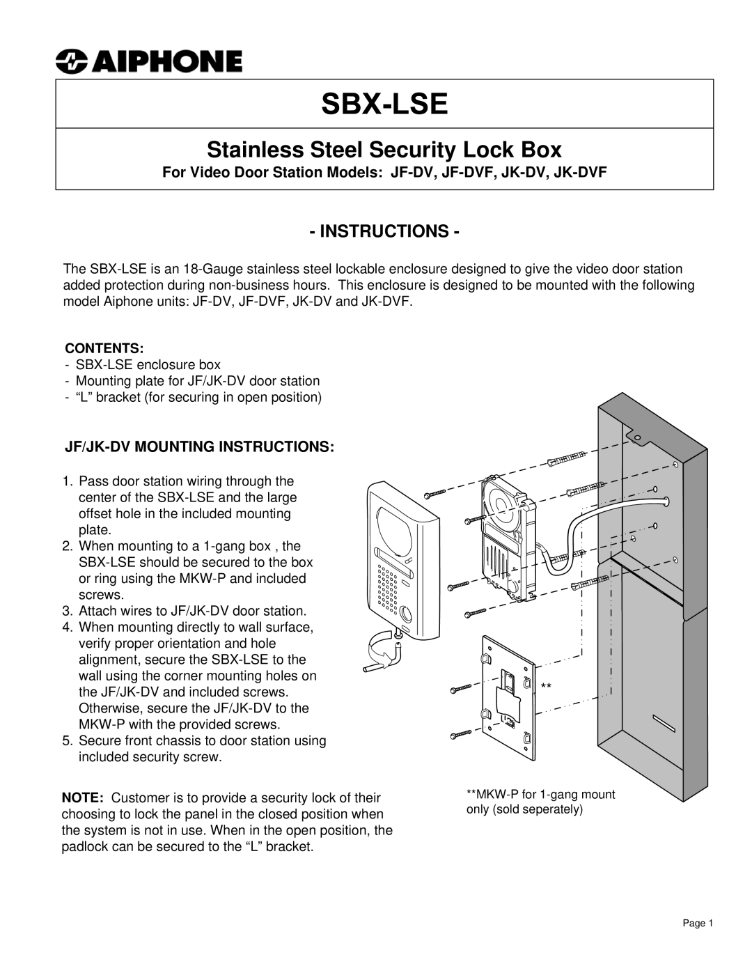 Aiphone JF-DV manual Stainless Steel Security Lock Box, JF/JK-DV Mounting Instructions, Contents 