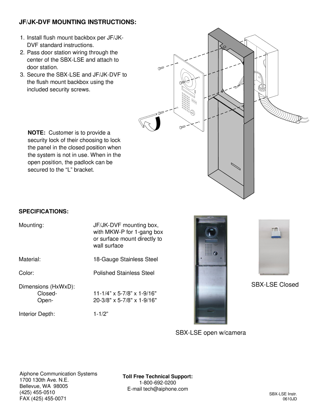 Aiphone JF-DV manual JF/JK-DVF Mounting Instructions, SBX-LSE open w/camera, Specifications 