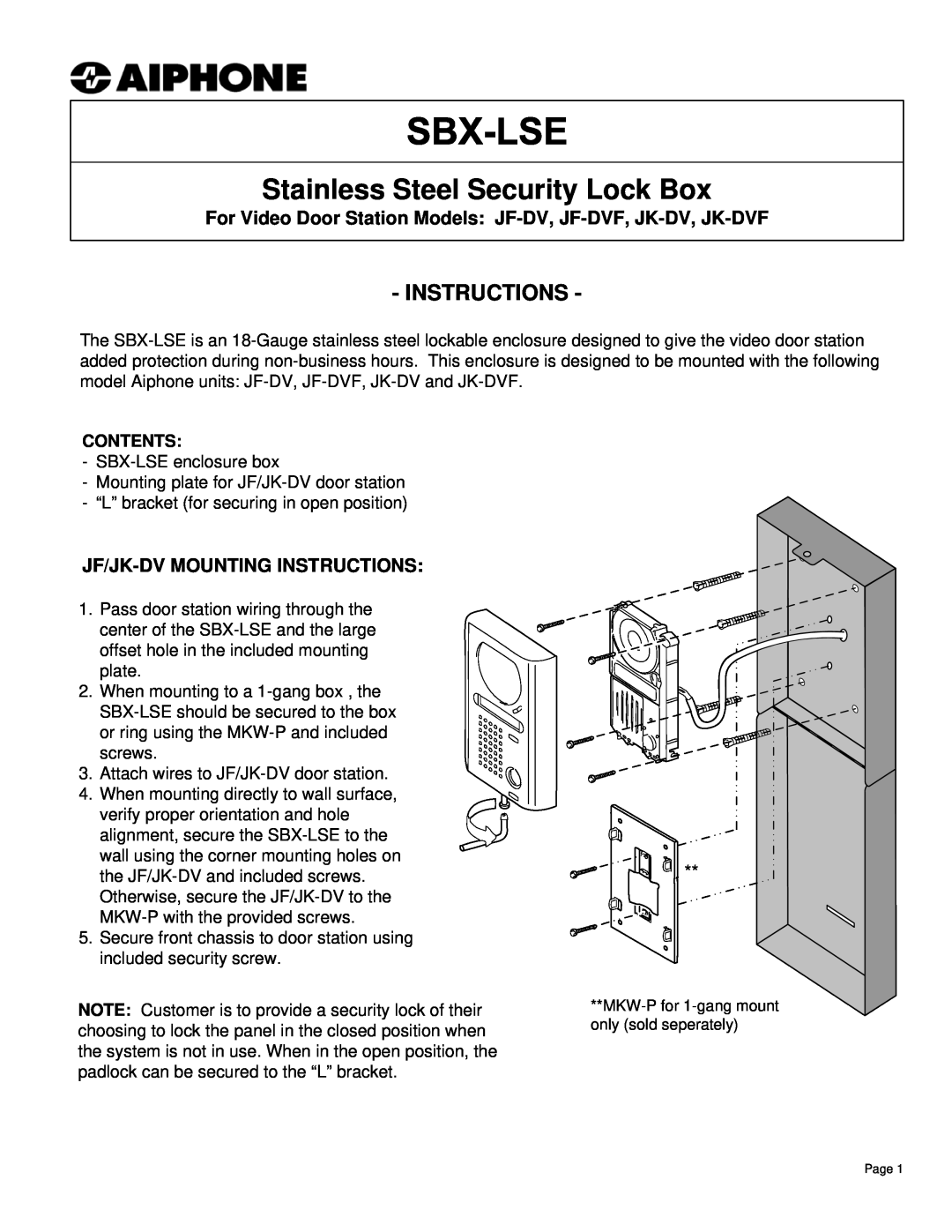 Aiphone JF-DV manual Jf/Jk-Dvmounting Instructions, Contents, Stainless Steel Security Lock Box 