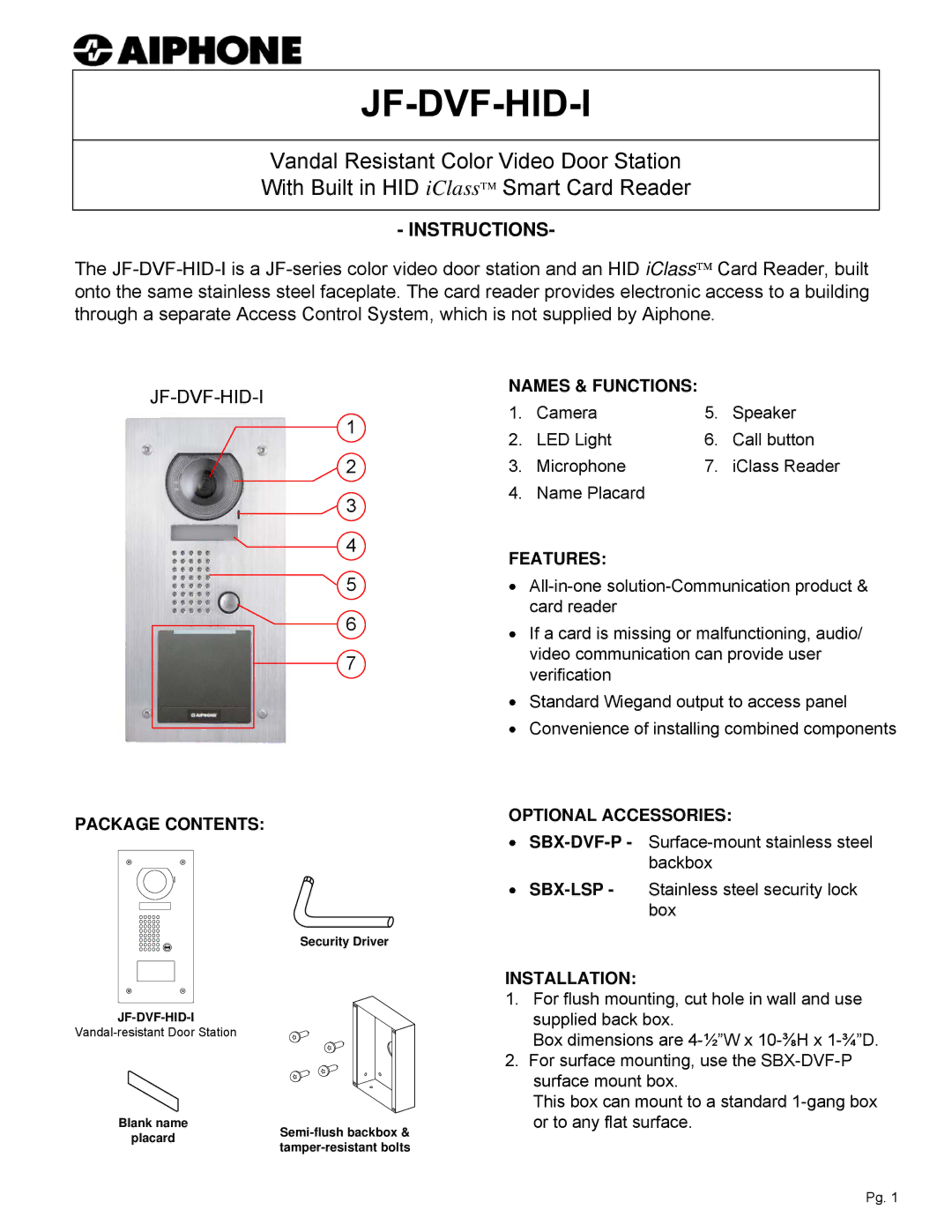 Aiphone JF-DVF-HID-I dimensions Instructions 