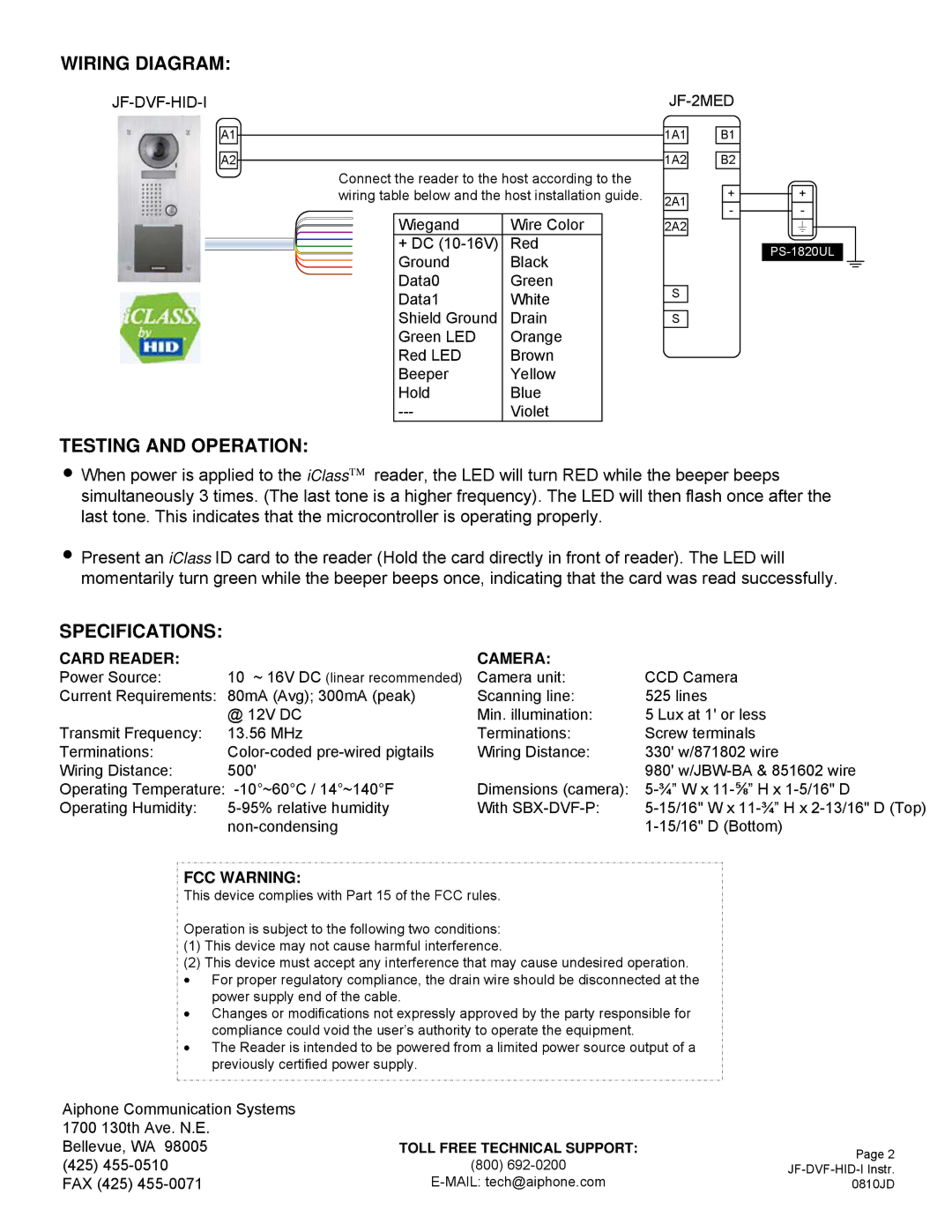 Aiphone JF-DVF-HID-I dimensions Wiring Diagram, Testing and Operation, Specifications, Card Reader Camera, FCC Warning 