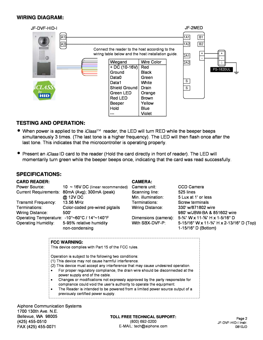 Aiphone JF-DVF-HID-I dimensions Wiring Diagram, Testing And Operation, Specifications, Card Reader, Camera, Fcc Warning 