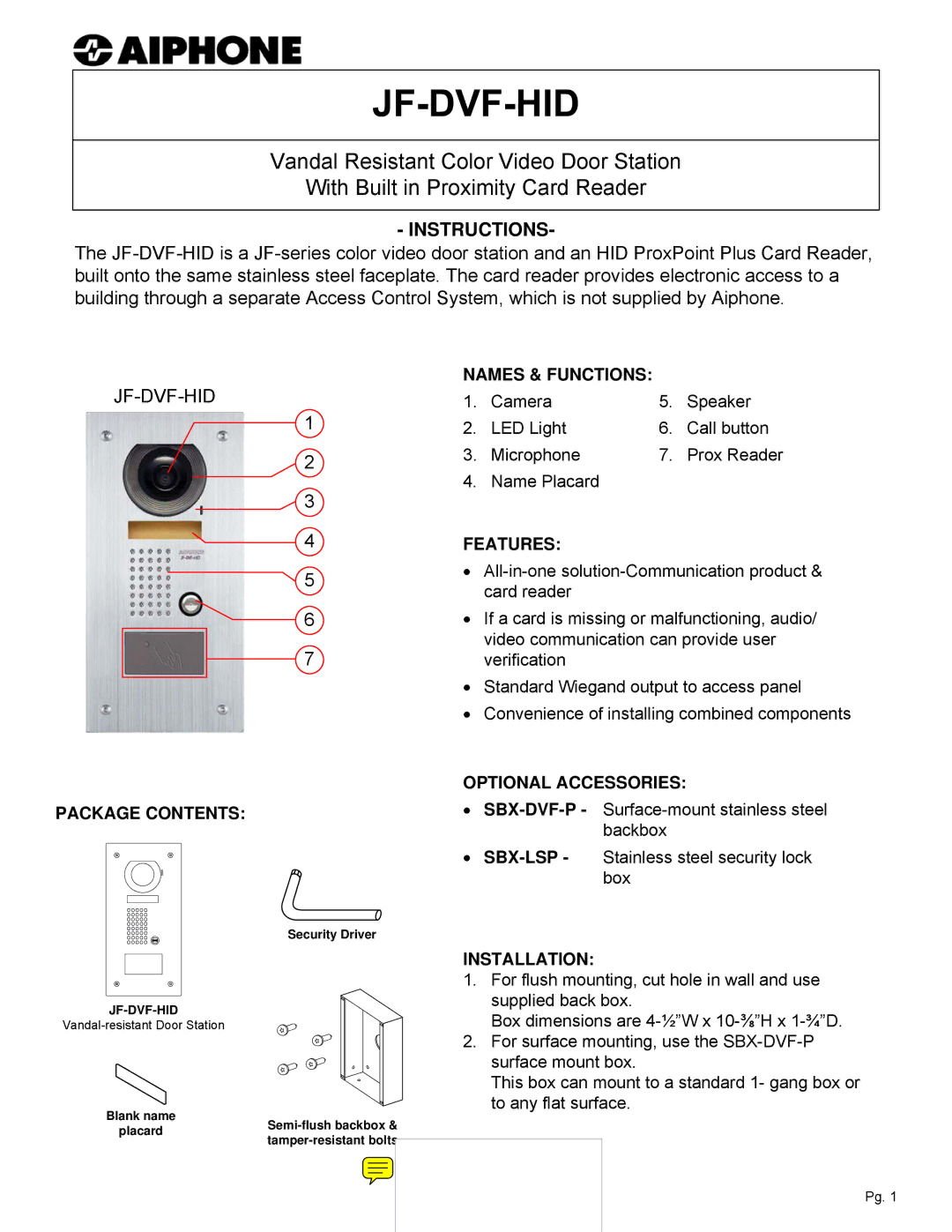 Aiphone JF-DVF-HID dimensions Instructions 