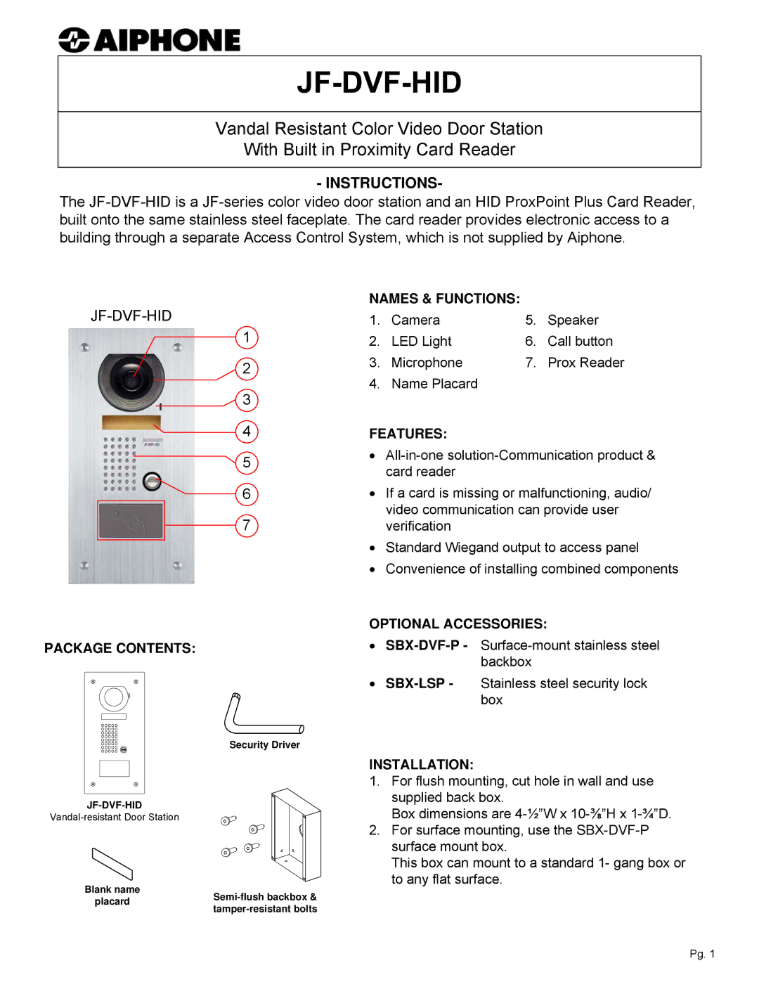 Aiphone JF-DVF-HID dimensions Instructions 