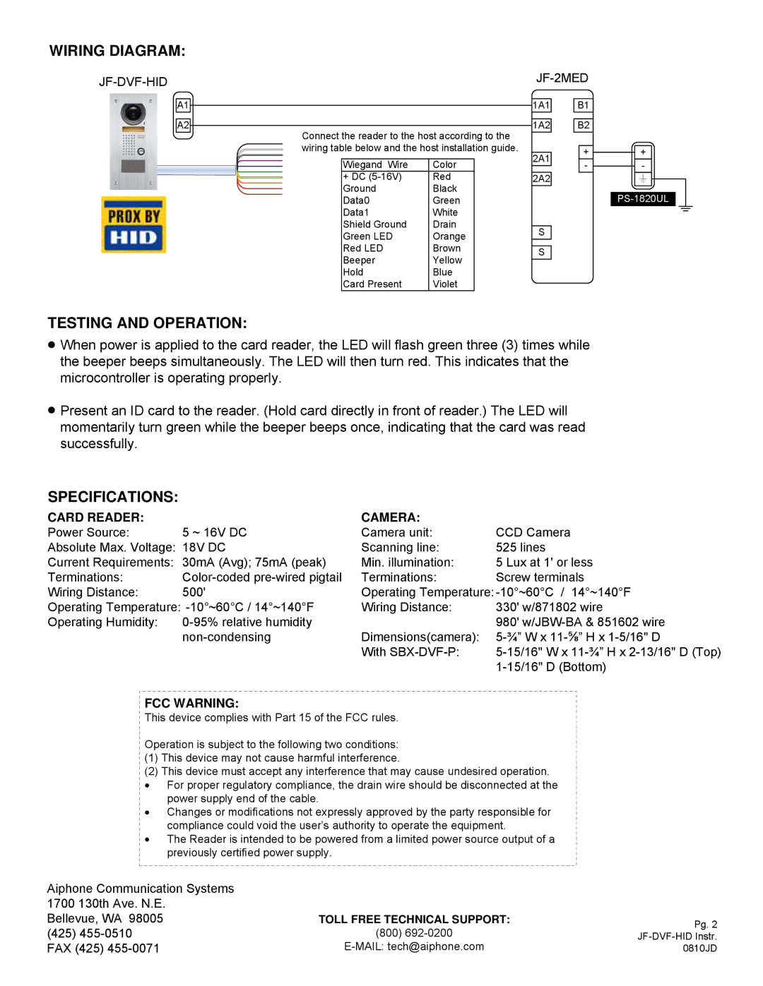 Aiphone JF-DVF-HID dimensions Wiring Diagram, Testing and Operation, Specifications, Card Reader Camera, FCC Warning 