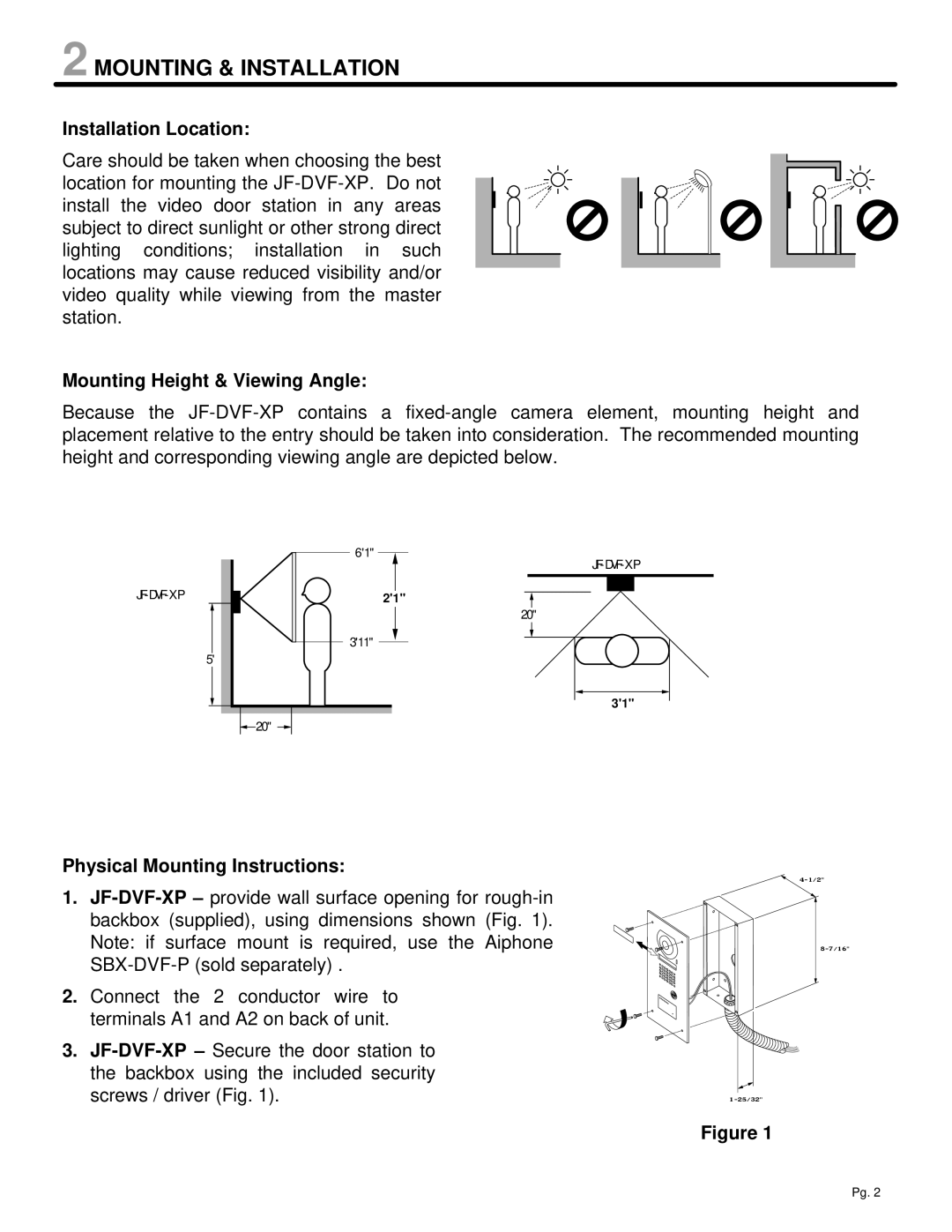 Aiphone JF-DVF-XP manual Mounting & Installation, Installation Location 