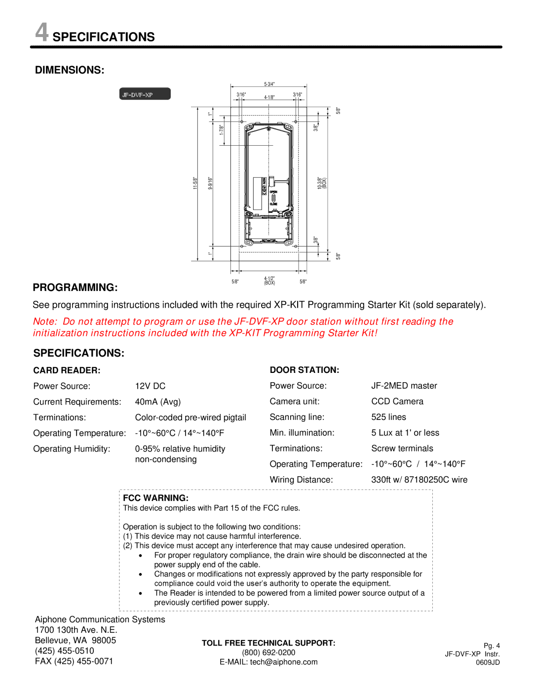 Aiphone JF-DVF-XP manual Specifications, Dimensions, Programming 