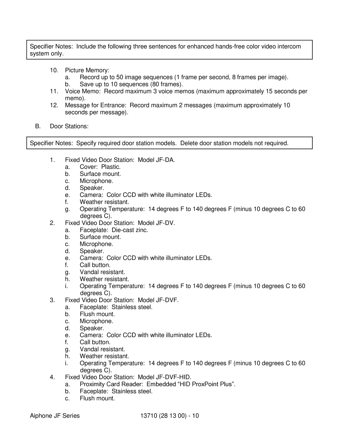 Aiphone JF specifications 