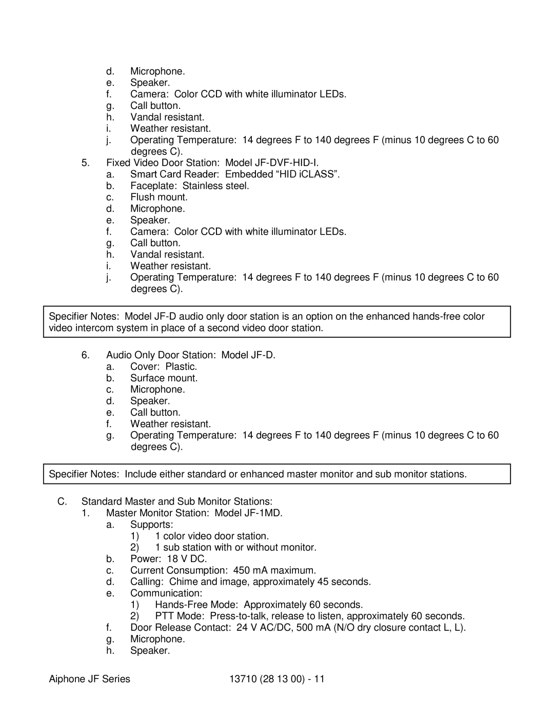 Aiphone JF specifications 