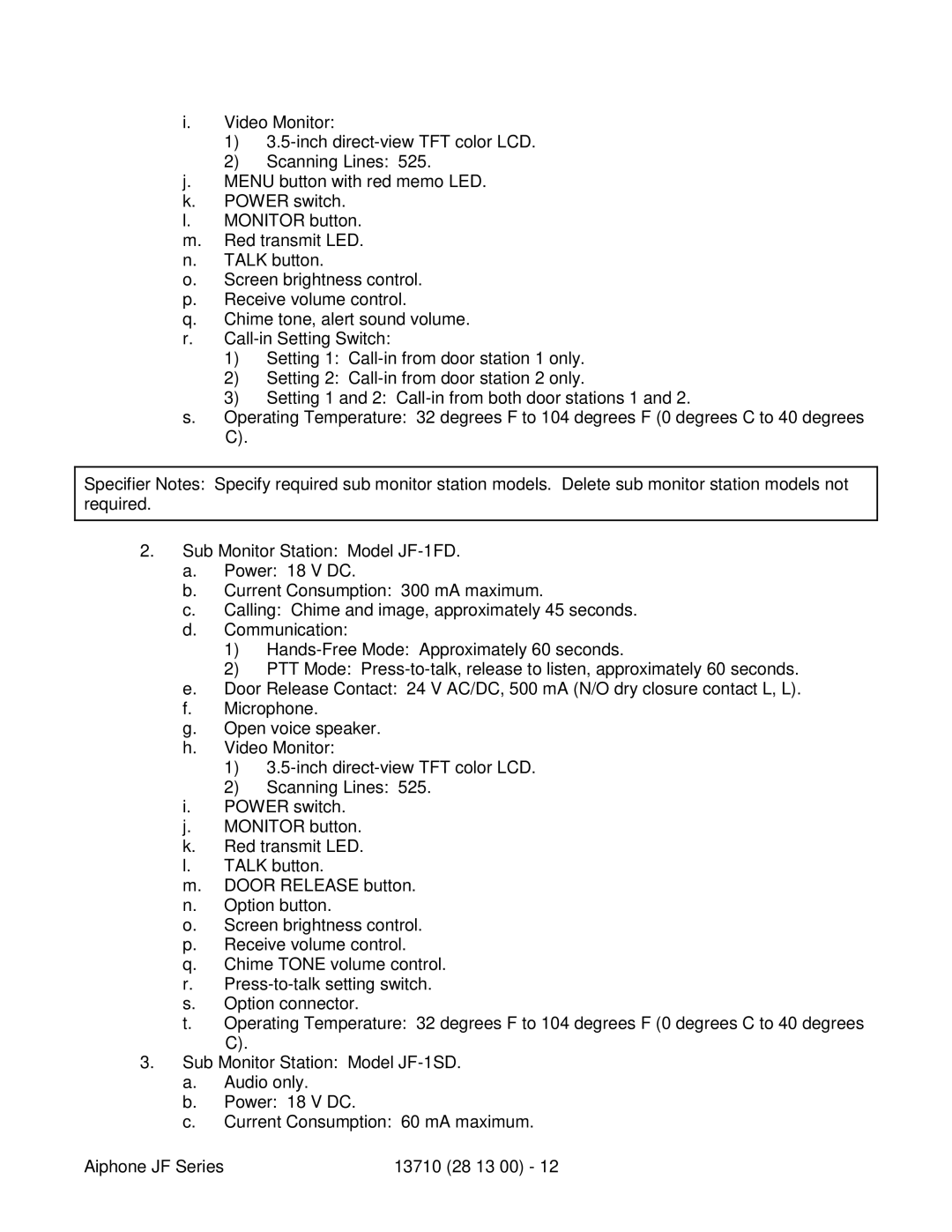 Aiphone JF specifications 