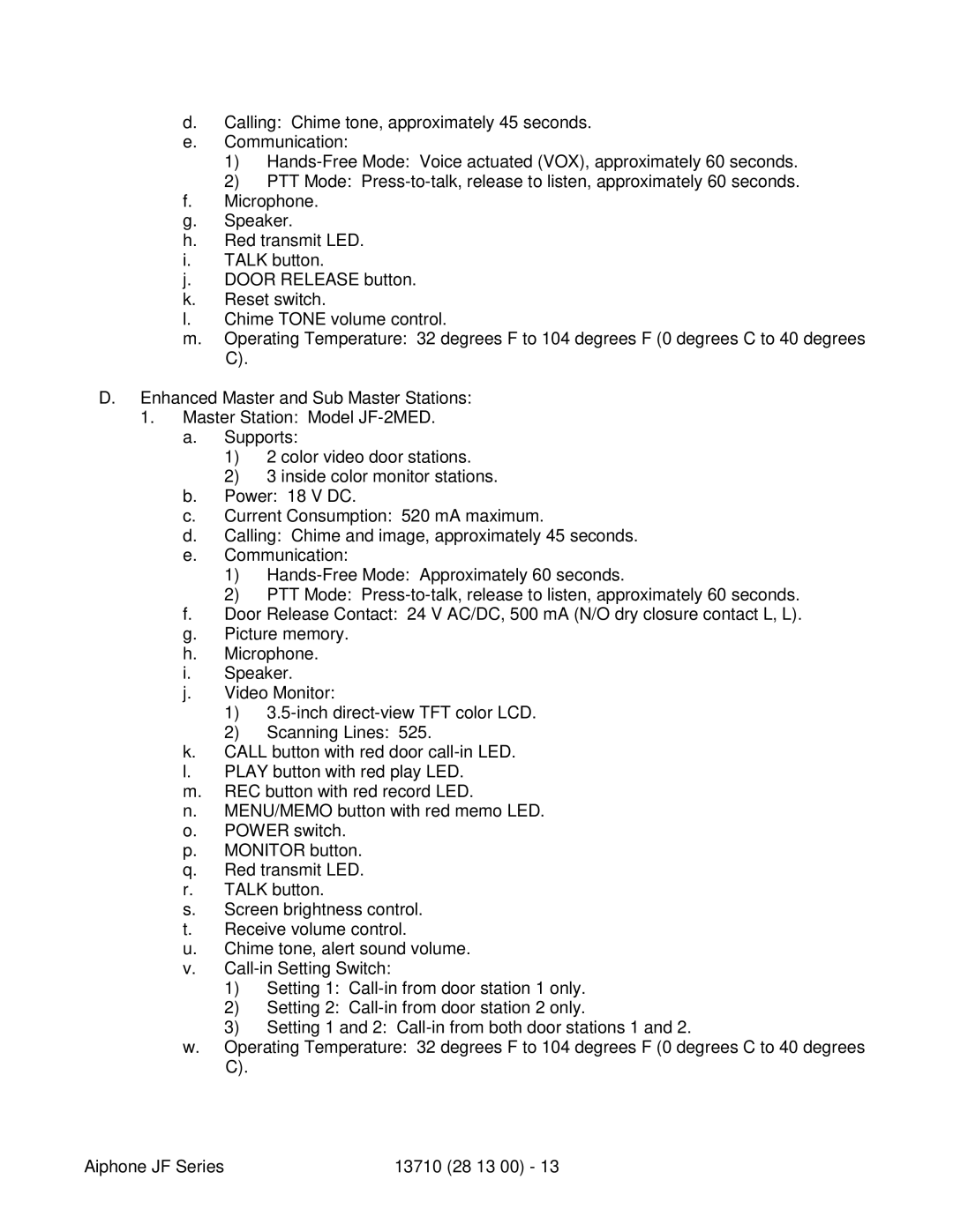 Aiphone JF specifications 