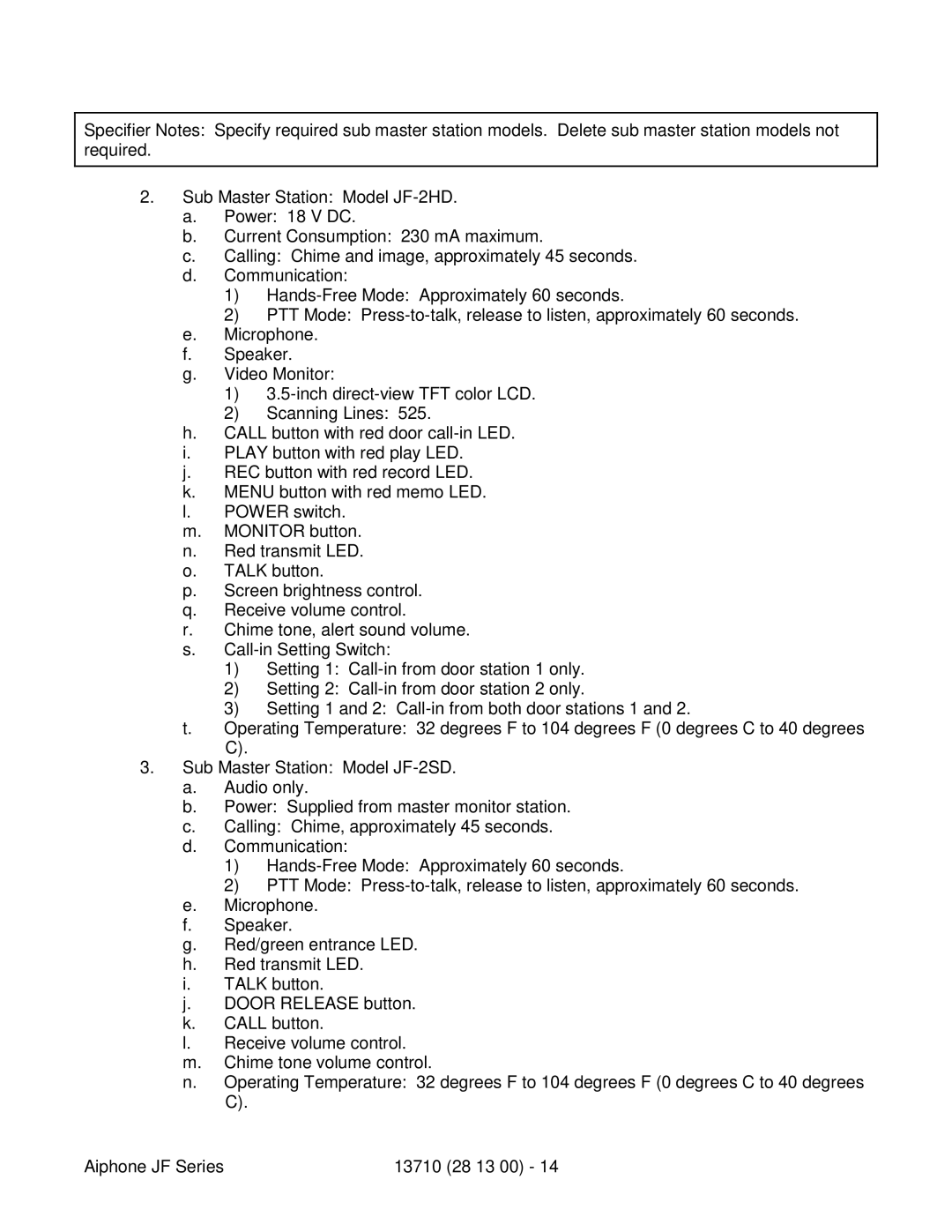 Aiphone JF specifications 