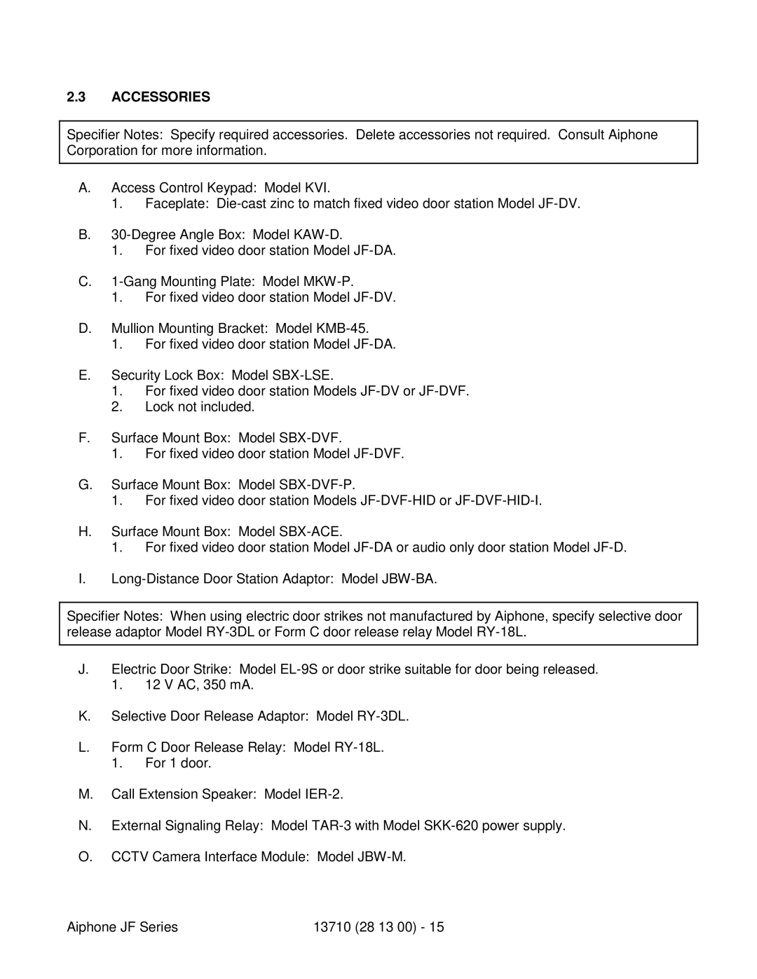 Aiphone JF specifications Accessories 