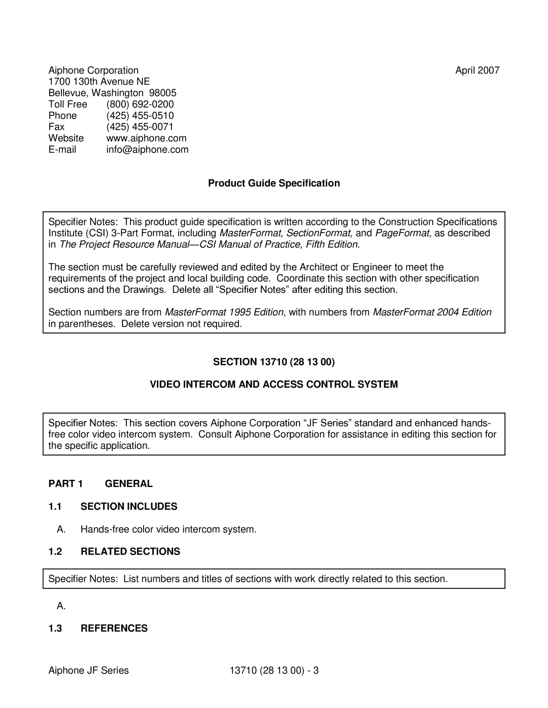 Aiphone JF Video Intercom and Access Control System, Part General Section Includes, Related Sections, References 