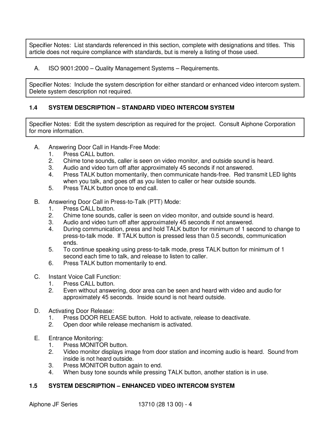 Aiphone JF System Description Standard Video Intercom System, System Description Enhanced Video Intercom System 