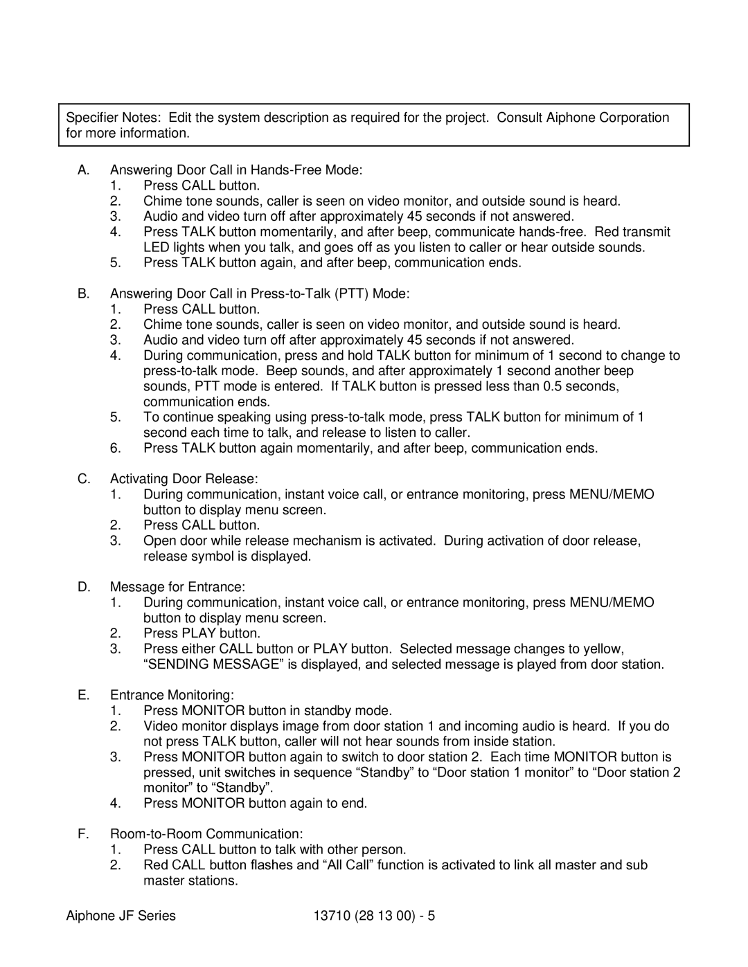 Aiphone JF specifications 