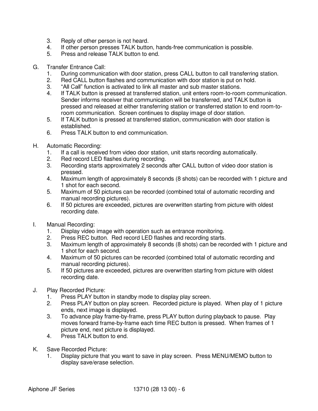 Aiphone JF specifications 