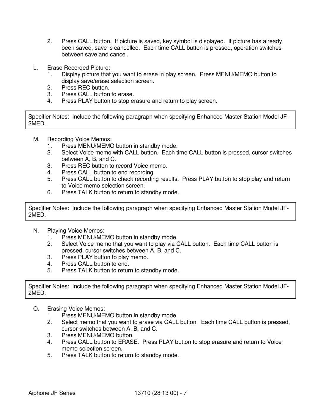 Aiphone JF specifications 