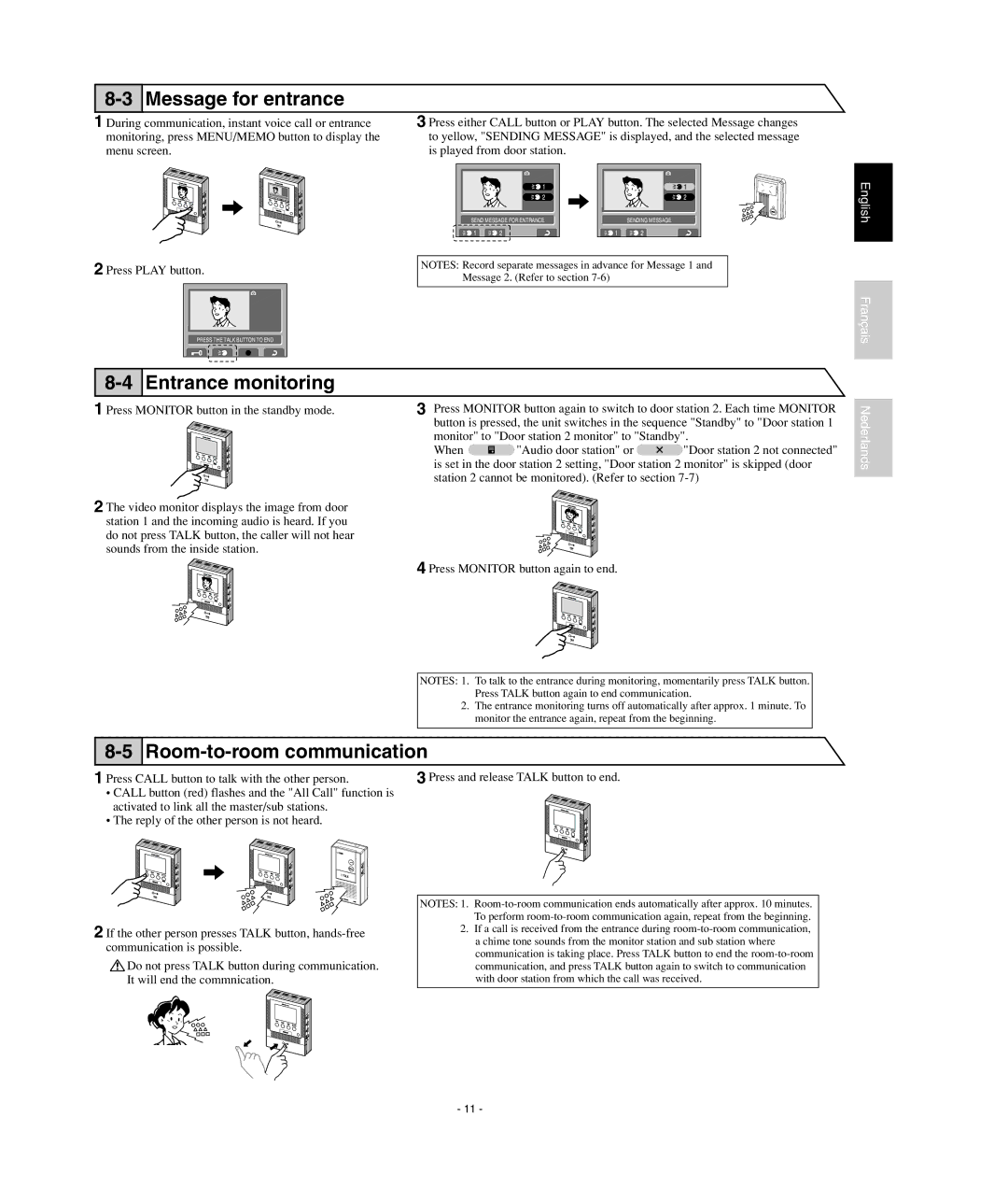 Aiphone JF-2MED, JF2HD operation manual Message for entrance, Entrance monitoring, Room-to-room communication 