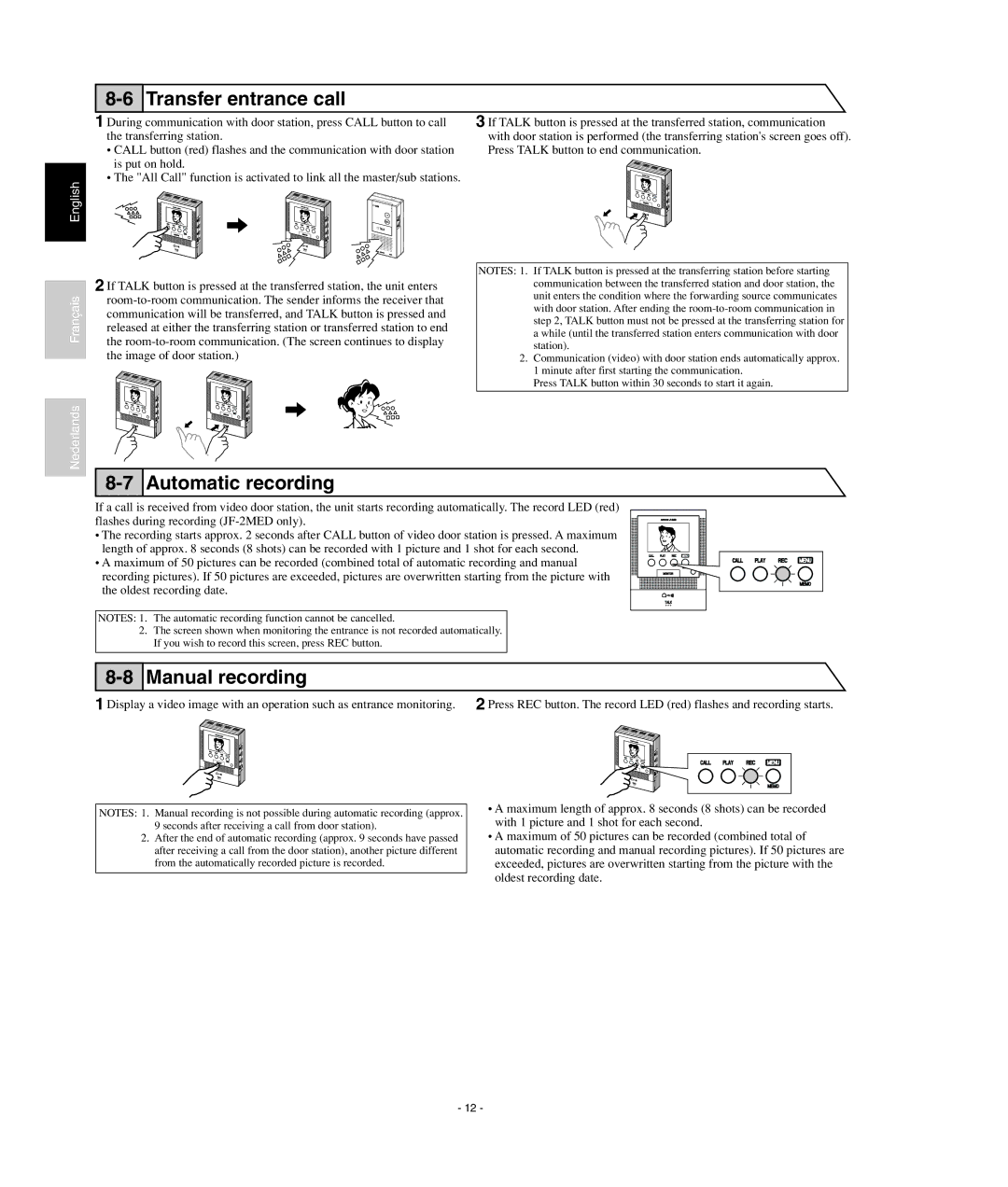 Aiphone JF2HD, JF-2MED operation manual Transfer entrance call, Automatic recording, Manual recording 