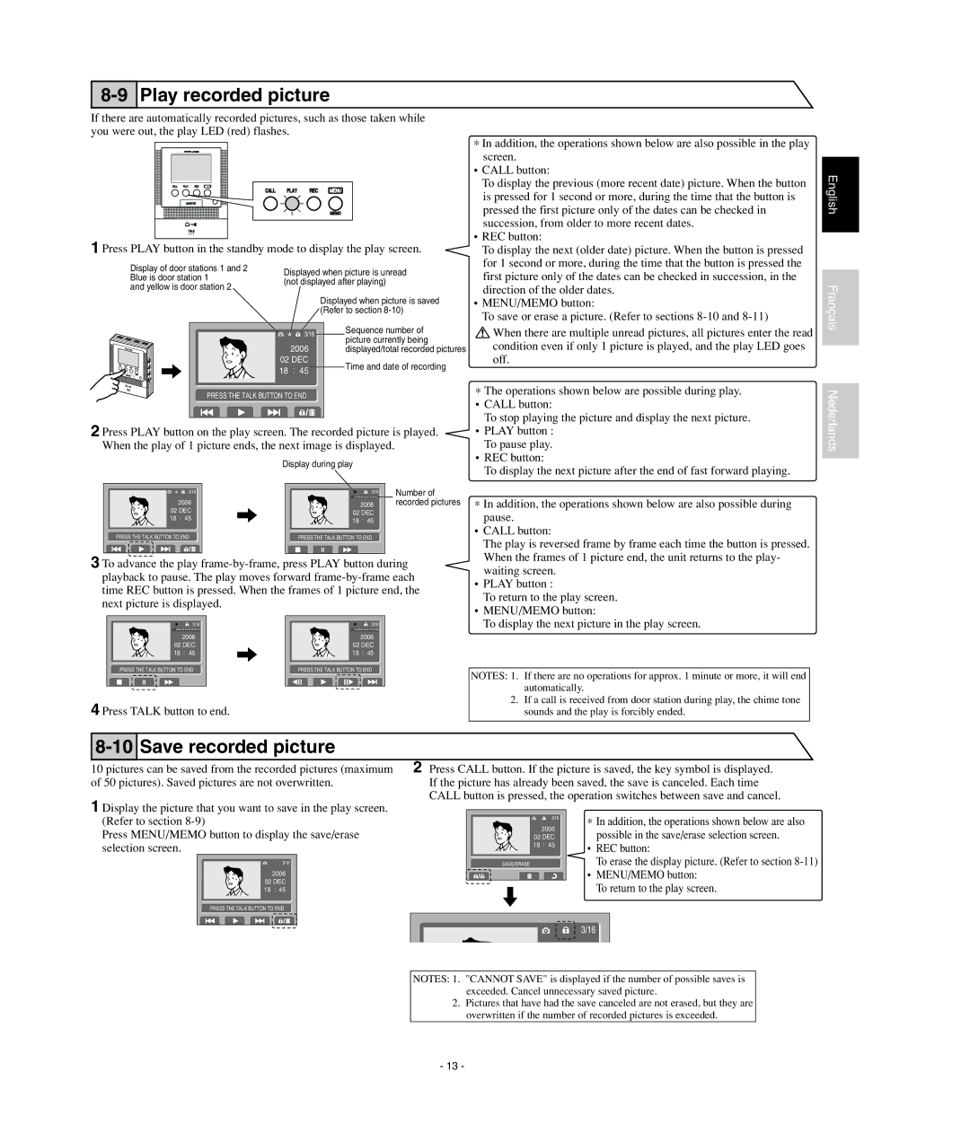 Aiphone JF-2MED, JF2HD operation manual Play recorded picture, Save recorded picture 