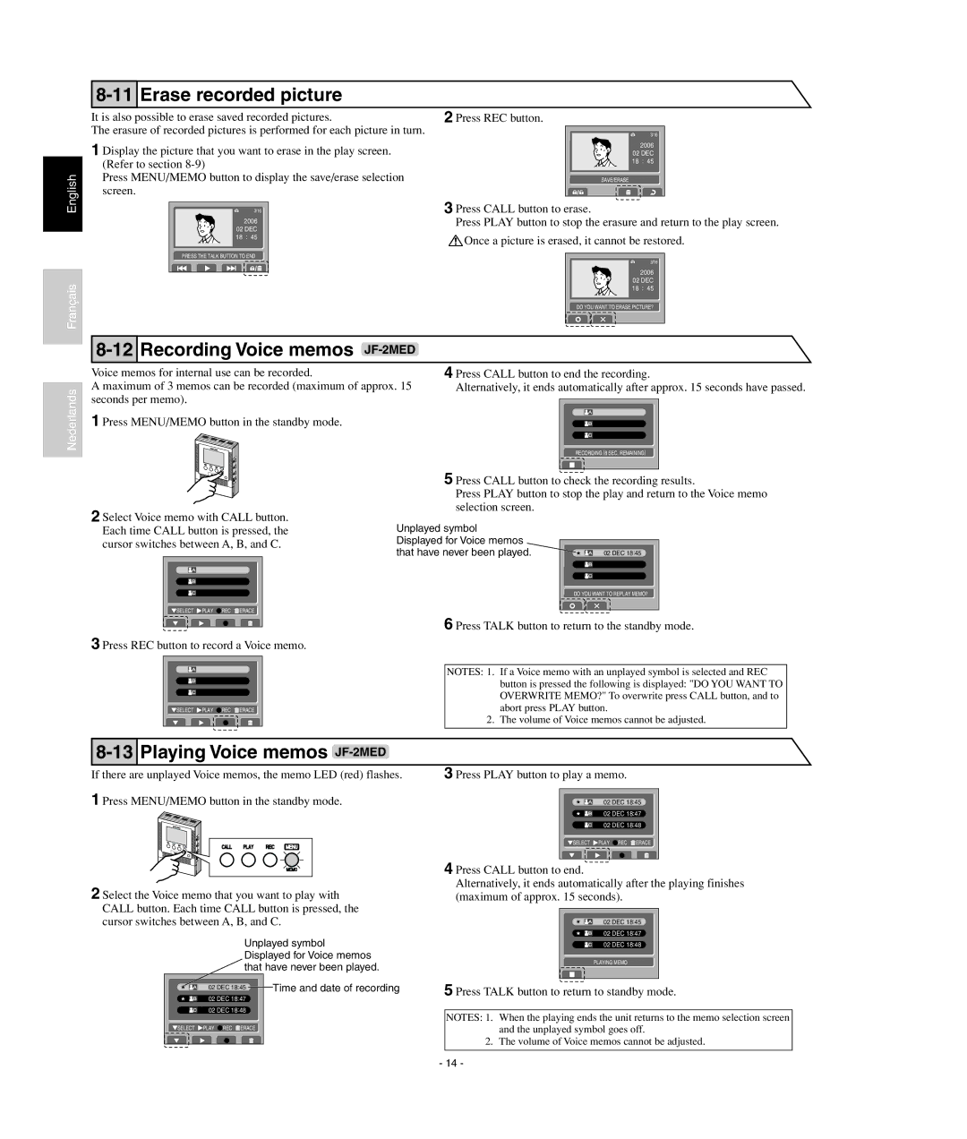 Aiphone JF2HD operation manual Erase recorded picture, Recording Voice memos JF-2MED, Playing Voice memos JF-2MED 