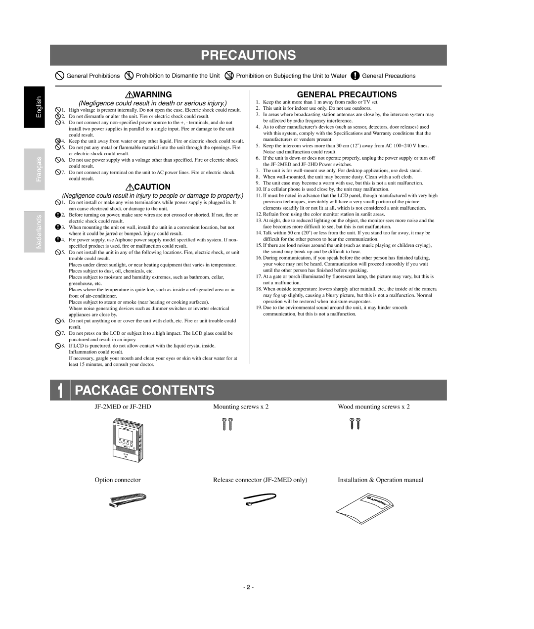 Aiphone JF2HD, JF-2MED operation manual Precautions, Package Contents 