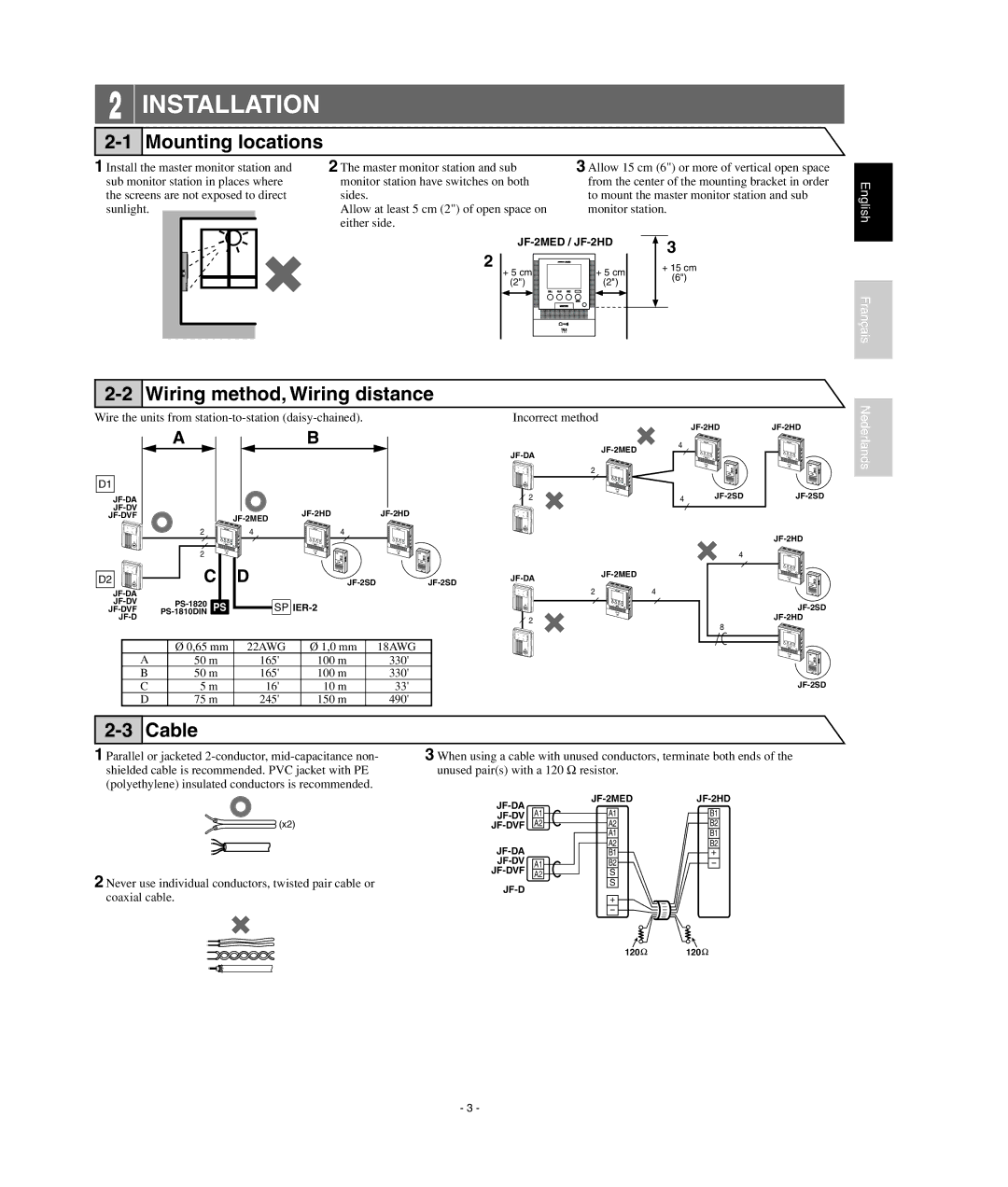 Aiphone JF-2MED, JF2HD operation manual Wiring method, Wiring distance, Cable 