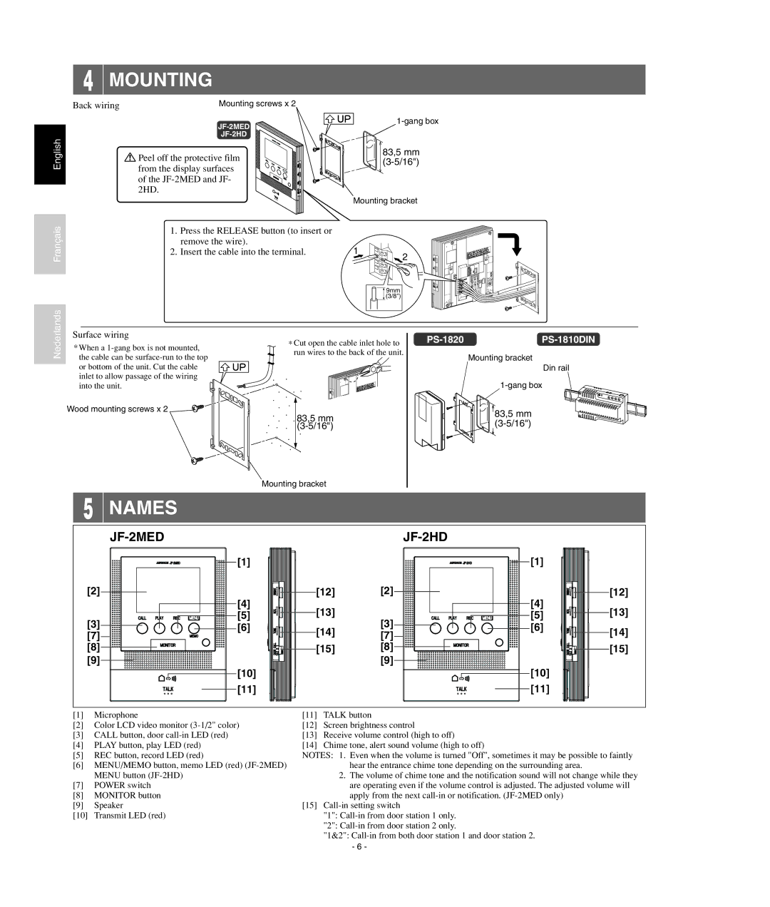 Aiphone JF2HD, JF-2MED operation manual Mounting, Names 