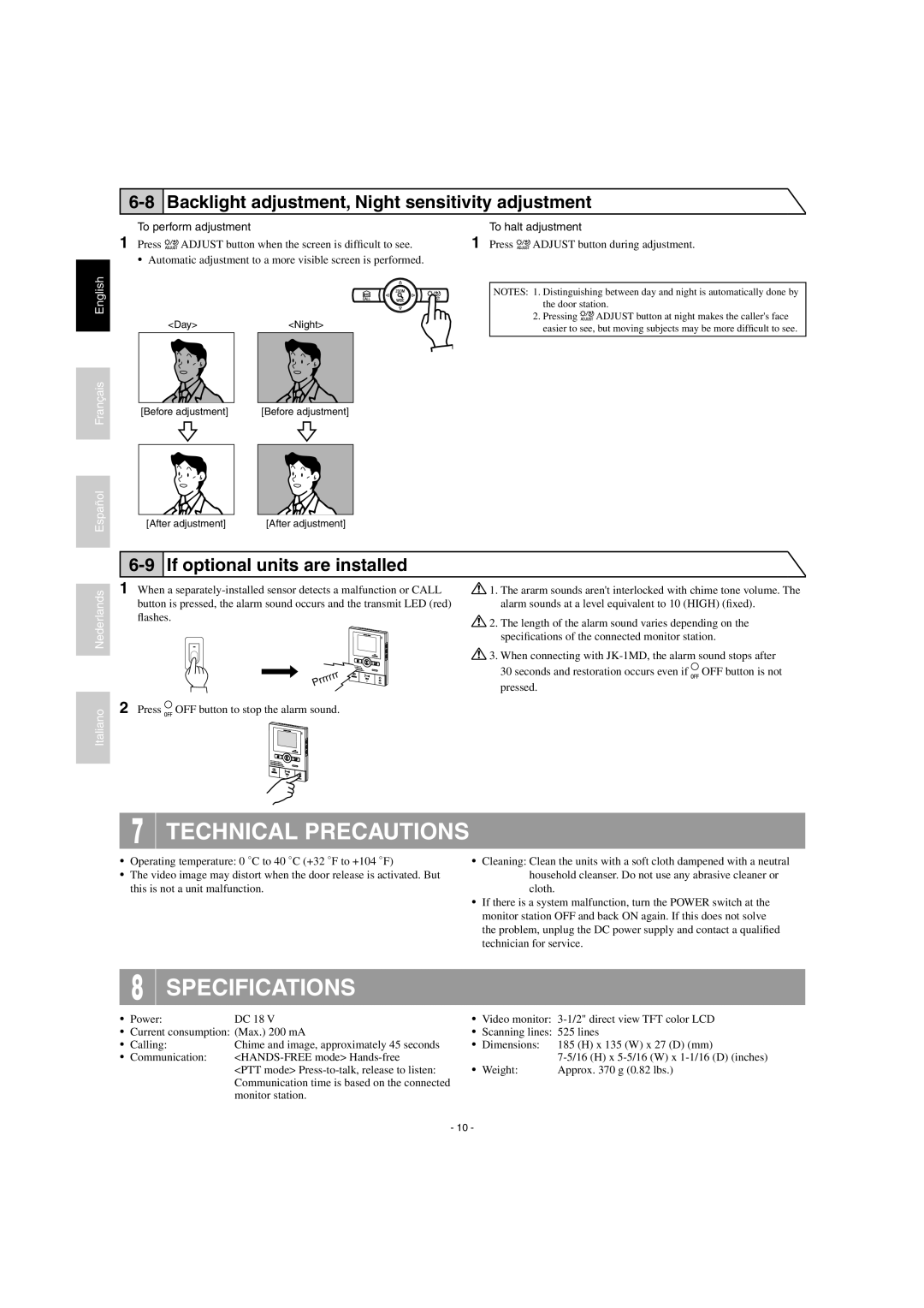 Aiphone JK-1HD operation manual Technical Precautions, Specifications, Backlight adjustment, Night sensitivity adjustment 