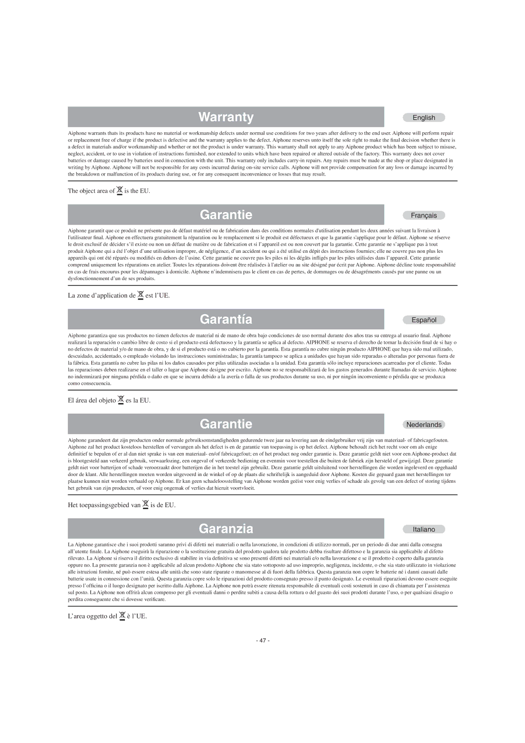 Aiphone JK-1HD operation manual Warranty 