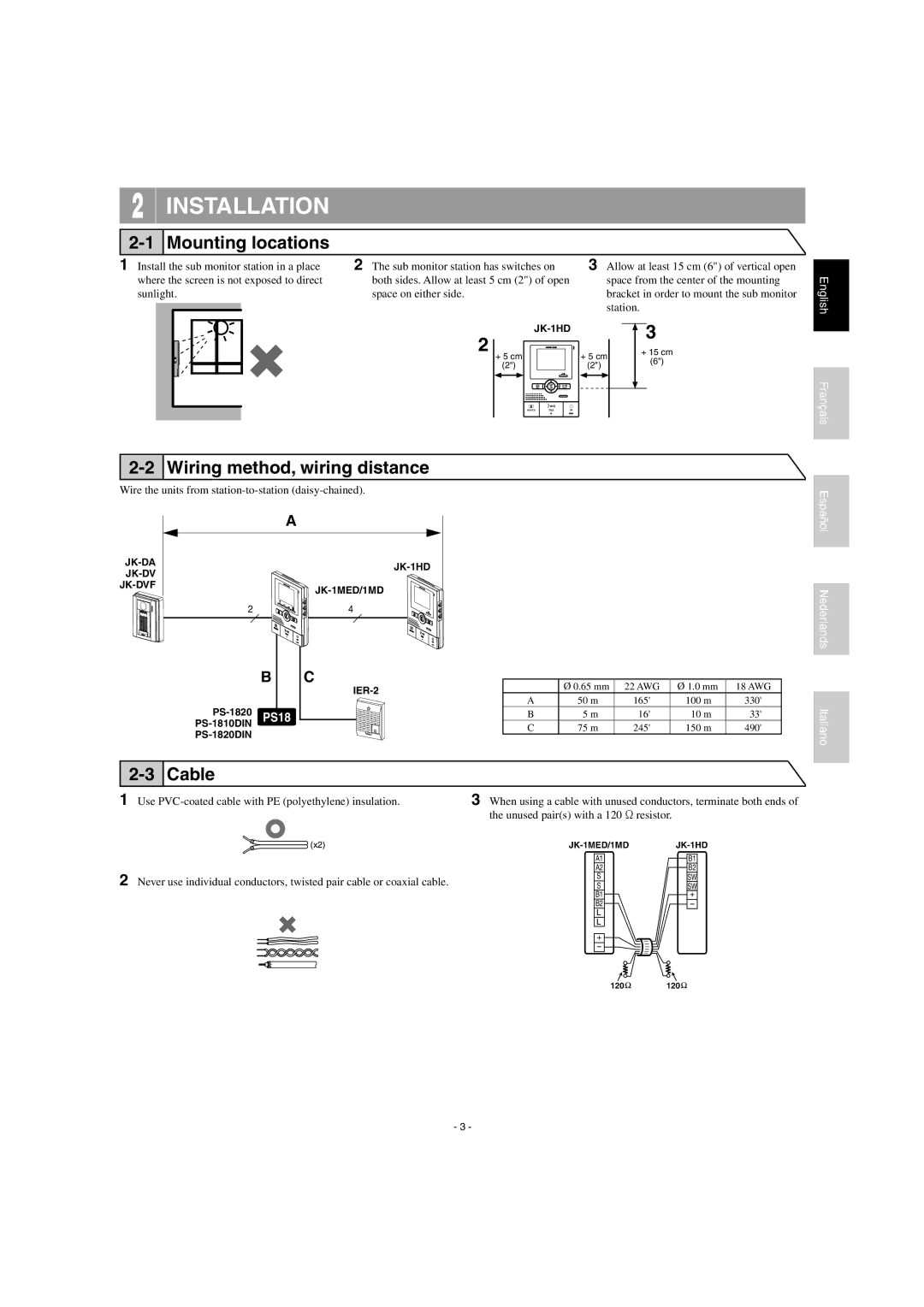 Aiphone JK-1HD operation manual Installation, Mounting locations, Wiring method, wiring distance, Cable 