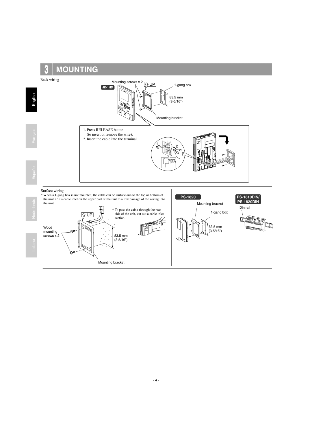 Aiphone JK-1HD operation manual Mounting, Nederlands Italiano 