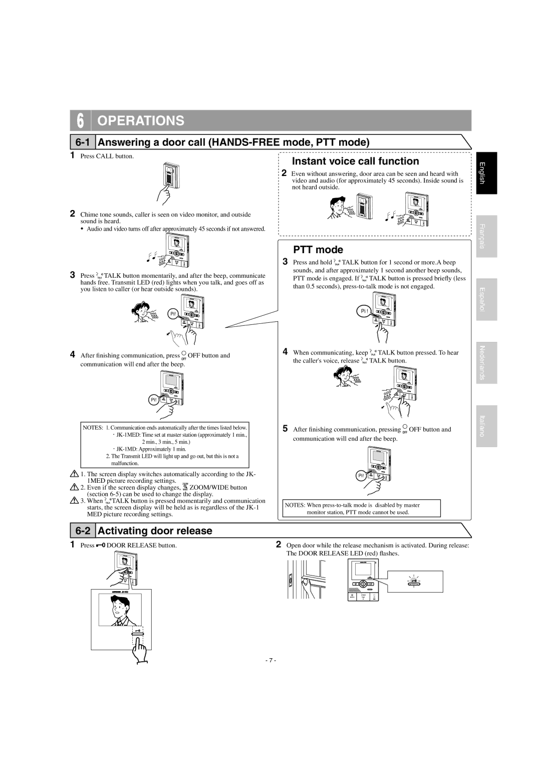 Aiphone JK-1HD operation manual Operations, Answering a door call HANDS-FREE mode, PTT mode, Activating door release 