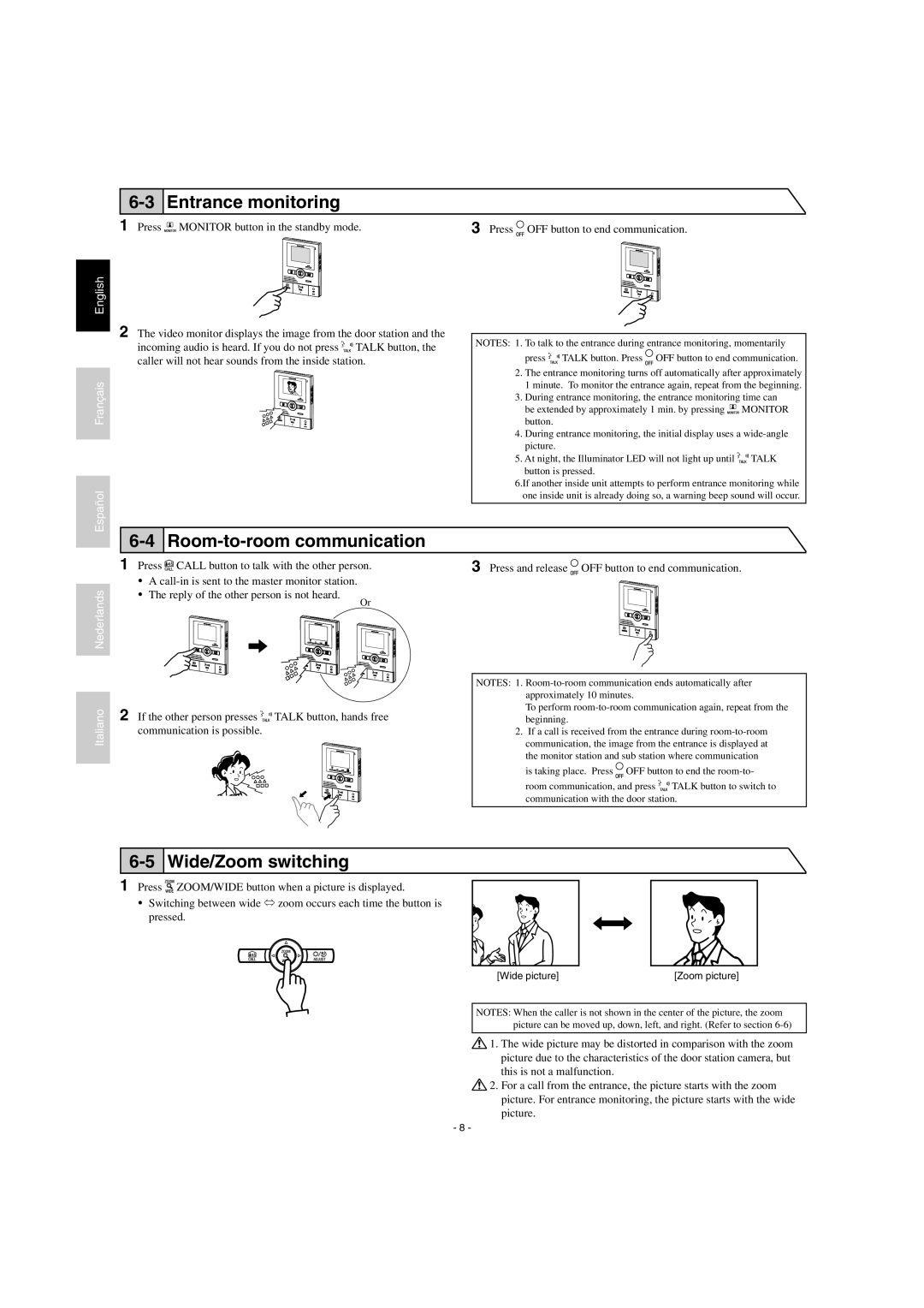 Aiphone JK-1HD operation manual Entrance monitoring, Room-to-room communication, Wide/Zoom switching 