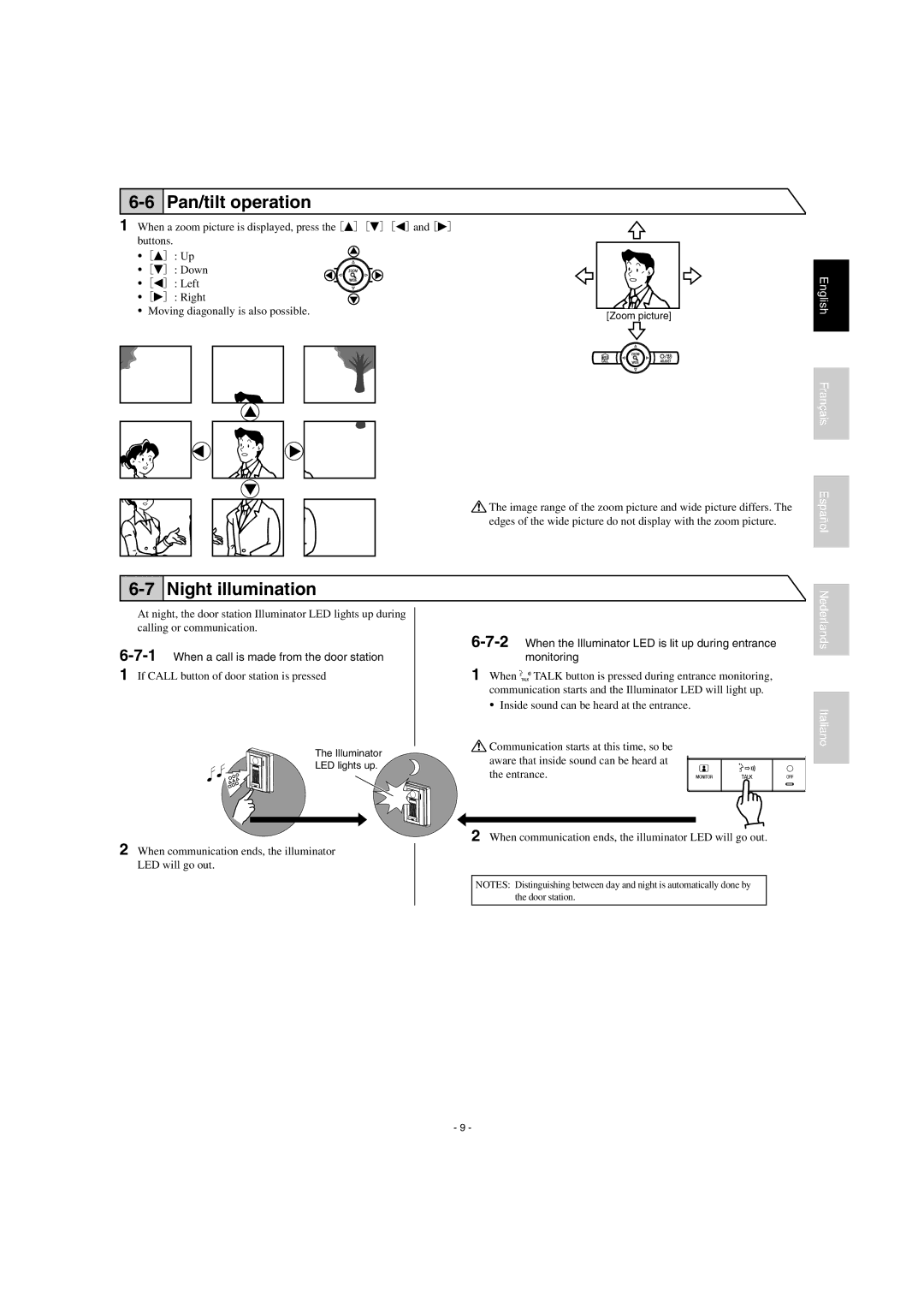 Aiphone JK-1HD operation manual Pan/tilt operation, Night illumination 