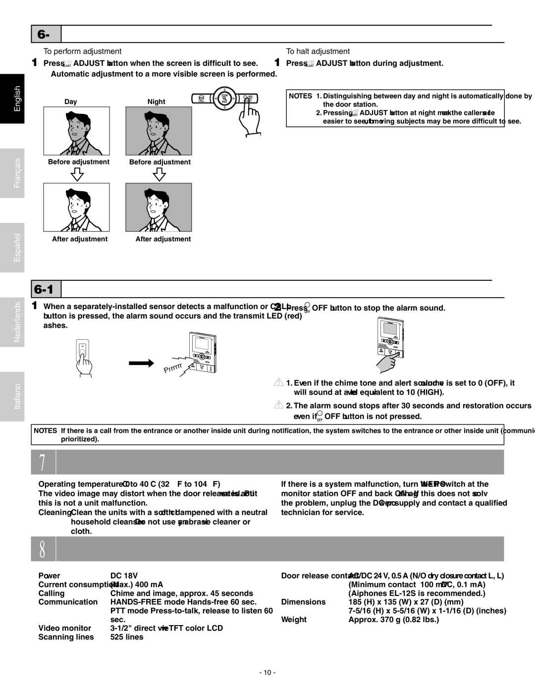 Aiphone JK-1MD operation manual Technical Precautions, Specifications, Backlight adjustment, Night sensitivity adjustment 