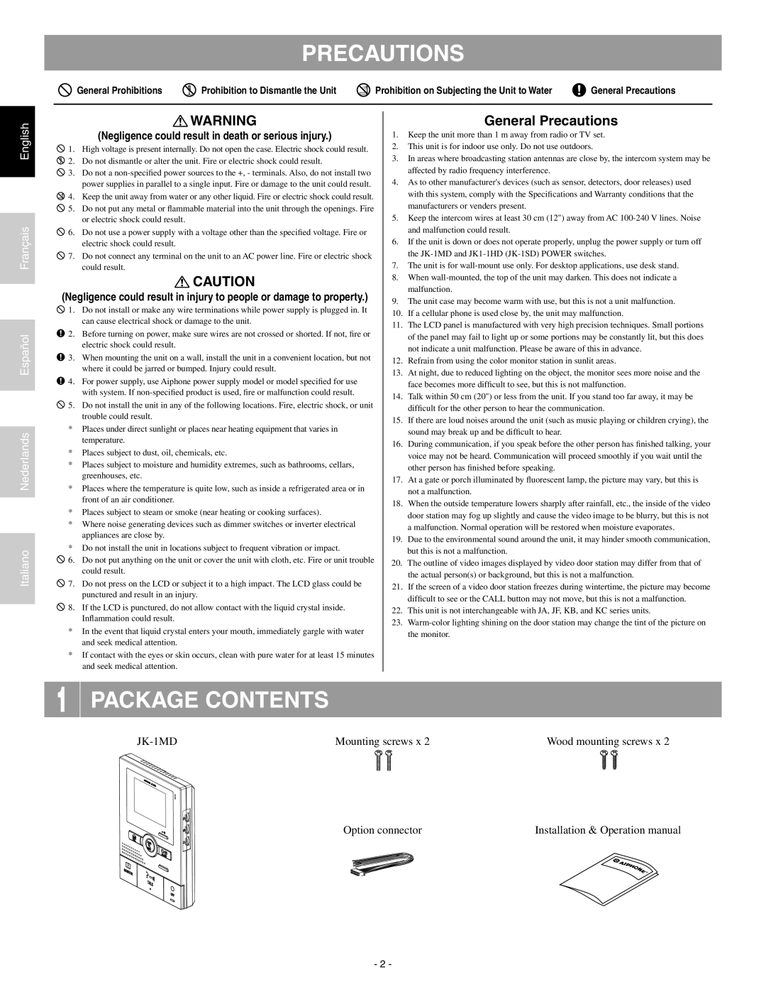 Aiphone JK-1MD operation manual Precautions, Package Contents 