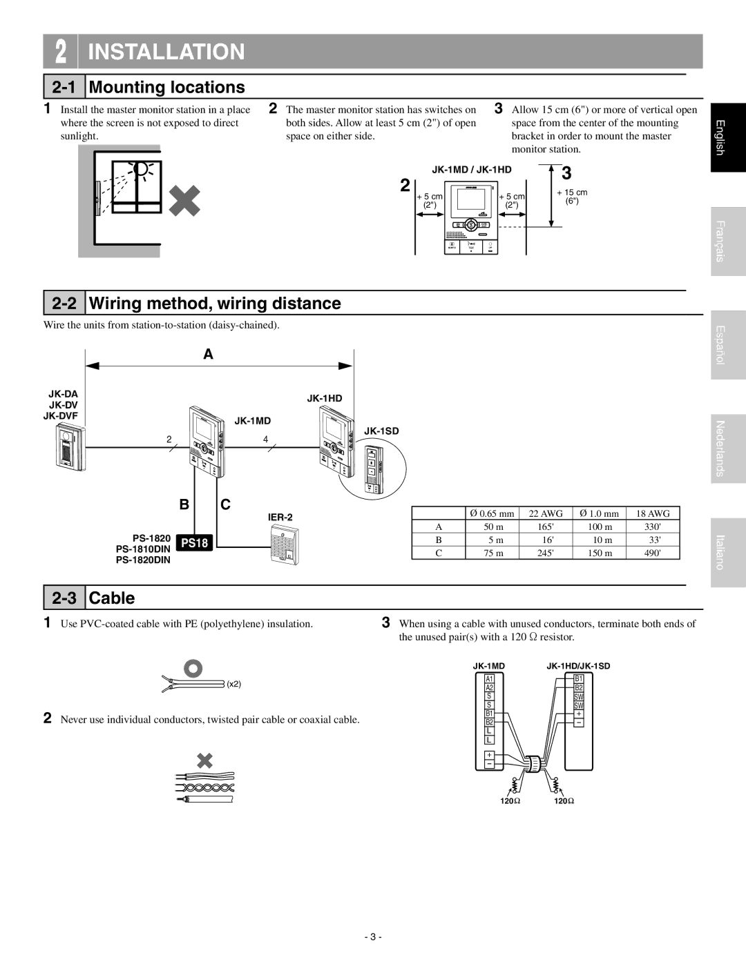 Aiphone JK-1MD operation manual Wiring method, wiring distance, Cable, Wire the units from station-to-station daisy-chained 