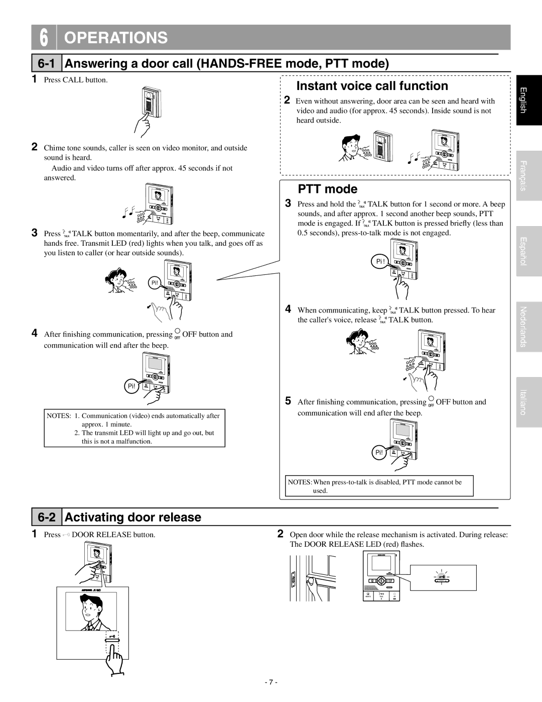 Aiphone JK-1MD operation manual Operations, Answering a door call HANDS-FREE mode, PTT mode, Activating door release 