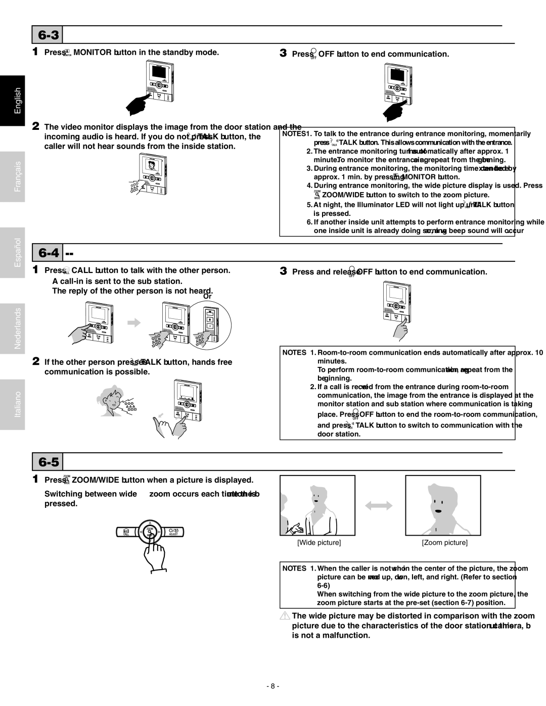 Aiphone JK-1MD operation manual Entrance monitoring, Room-to-room communication, Wide/Zoom switching 